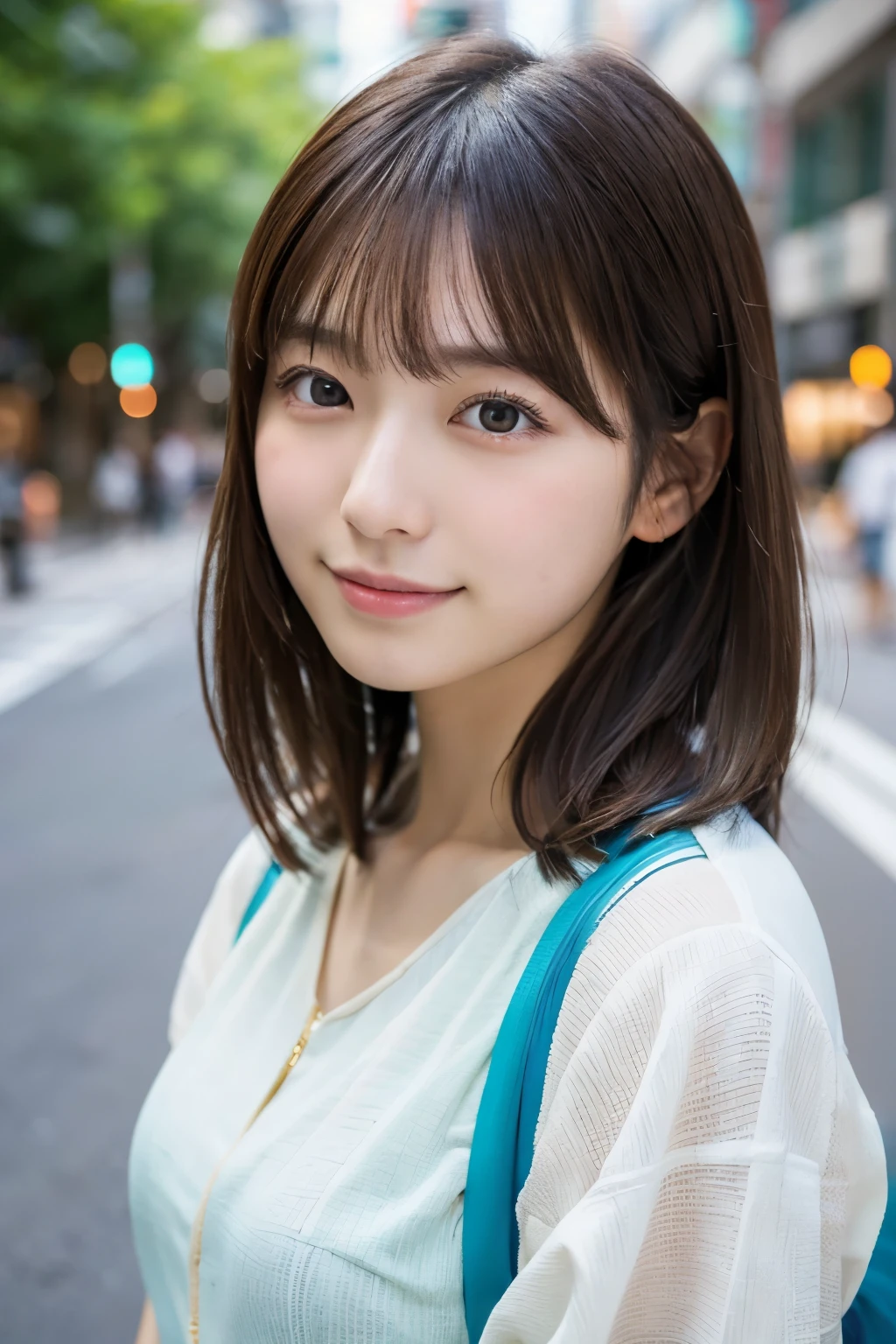 ((Photoreal)), 8K full-length portrait, (Beautiful woman), (Japanese woman), (detailed face), attractive look, Clear system, 1, Tokyo city, summer, for the background, medium hair, 