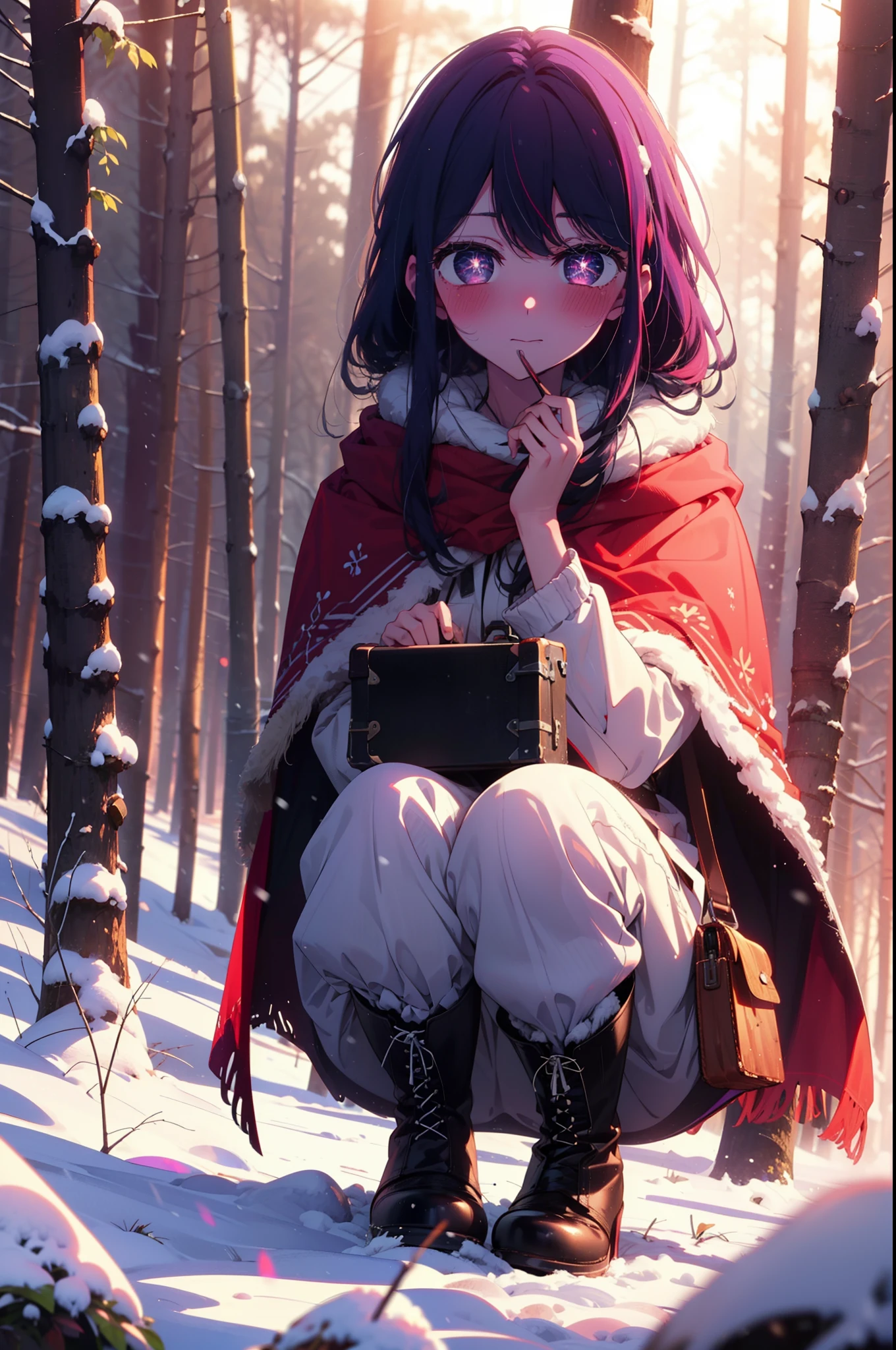 aihoshino, Ai Hoshino, Long Hair, bangs, (Purple eyes:1.1), Purple Hair, (Symbol-shaped pupil:1.5), smile,,smile,blush,White Breath,
Open your mouth,snow,Ground bonfire, Outdoor, boots, snowing, From the side, wood, suitcase, Cape, Blurred, , forest, White handbag, nature,  Squat, Mouth closed, Cape, winter, Written boundary depth, Black shoes, red Cape break looking at viewer, Upper Body, whole body, break Outdoor, forest, nature, break (masterpiece:1.2), highest quality, High resolution, unity 8k wallpaper, (shape:0.8), (Beautiful and beautiful eyes:1.6), Highly detailed face, Perfect lighting, Extremely detailed CG, (Perfect hands, Perfect Anatomy),