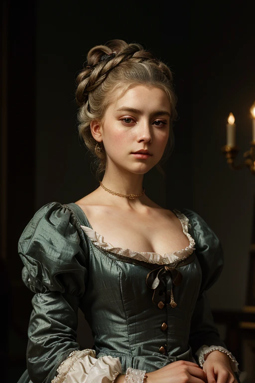 1girl, Marie Antoinette, elegant dress, beautiful detailed face, longeyelashes, pensive expression, about to be guillotined, dramatic lighting, cinematic composition, muted color palette, Renaissance art style, chiaroscuro, dramatic shadows, hyper-realistic, intricate details, 8k, best quality, masterpiece