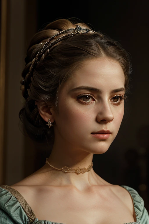1girl, Marie Antoinette, elegant dress, beautiful detailed face, longeyelashes, pensive expression, about to be guillotined, dramatic lighting, cinematic composition, muted color palette, Renaissance art style, chiaroscuro, dramatic shadows, hyper-realistic, intricate details, 8k, best quality, masterpiece