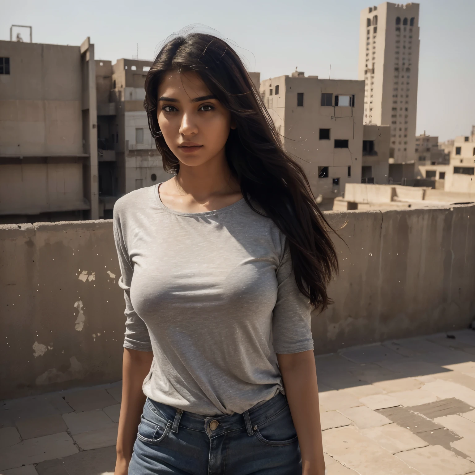 A close up of a woman standing on a roof with buildings in the background -  SeaArt AI