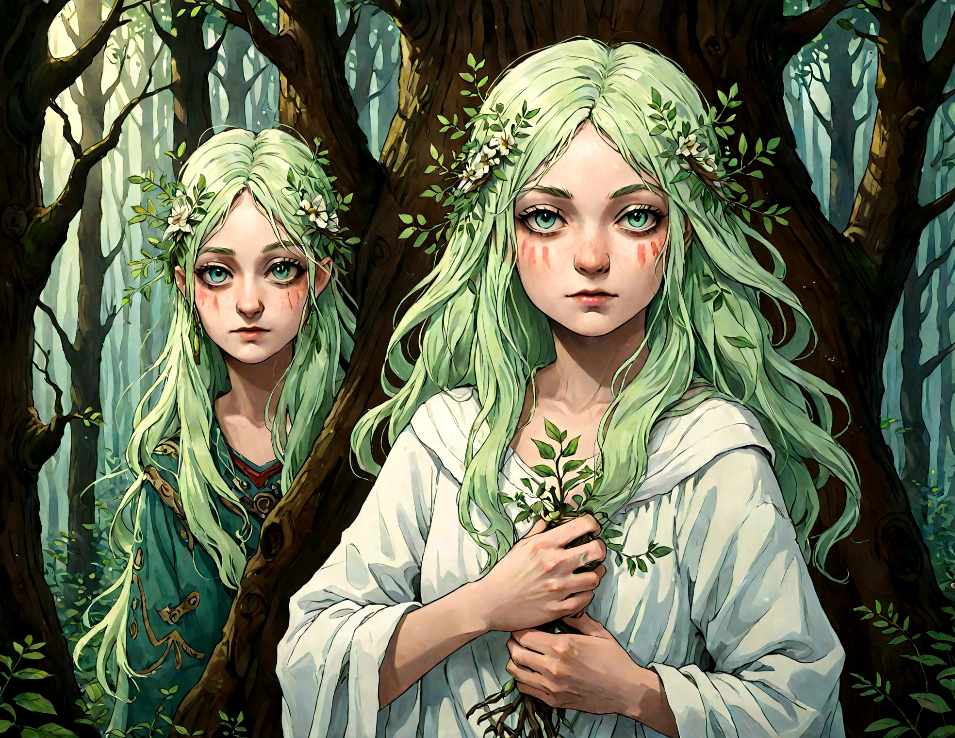 Tree spirits, forest guardians, middle-aged people,