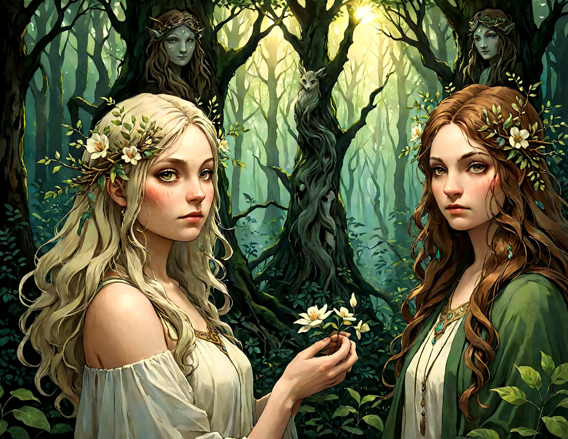 Tree spirits, forest guardians, middle-aged people,