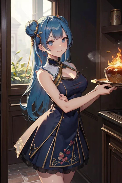 (((Masterpiece))),(((Super Detail))),(((in 8K))),(((best composition))),(((Rim lighting,Fireglow effect,deep shadow))),solo,(Hatsune Miku:1.0),beautiful detailed eyes,double bun with glittering hair ornament,(super detailed glossy skin:1.3),slender body,tits,goddess smile,((mouth little smile open)),beautiful posture,cheongsam dress,(blue with silvr gold thread embroidery,super delicate floral pattern:1.2),seductive cleavage:1.3,beautiful glossy legs,shiny red high heels,lifting dishes with cakesd,french restaurant,hustle and bustle,rising steam,(((depth of fields)))
