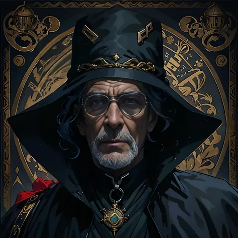 ((neocruz)) el mayordomo es un anciano de pelo negro.，he wears a large black trench coat with a black wizard&#39;s robe-style pa...