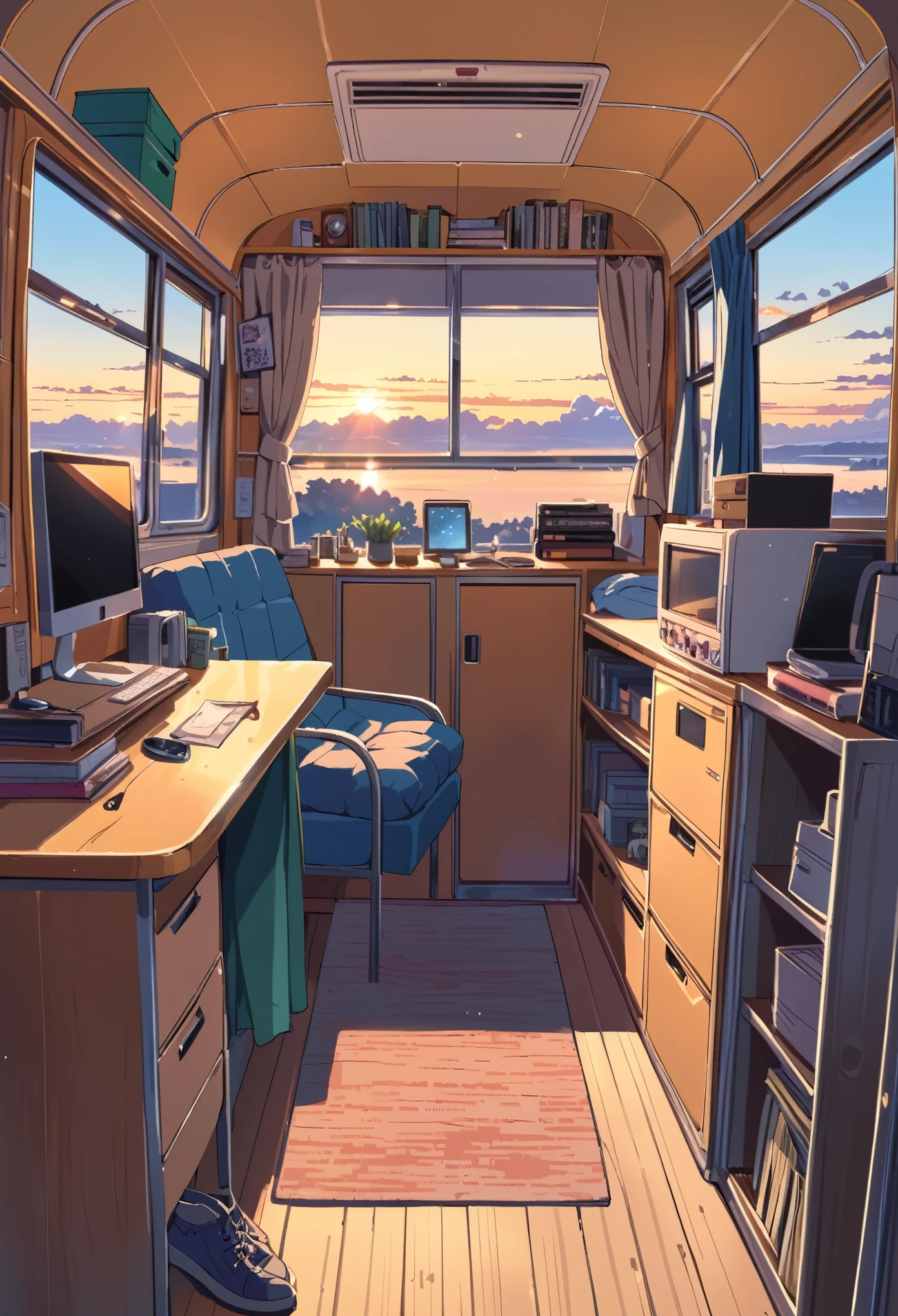 lofi art, style of Laurie Greasley, style of Makoto Shinkai, anime aesthetic, BREAK {illustration of a man and a woman living inside a converted bus. The interior should be cozy and detailed, featuring bunk beds. The woman is on the upper bunk with a small window showing a night sky view, while the man is on the lower bunk with a desk, computer, and personal items. Include shelves, storage spaces, and scattered personal belongings throughout the bus, giving it a lived-in feel. The atmosphere should be warm and intimate, highlighting the unique and compact living environment inside the bus.}