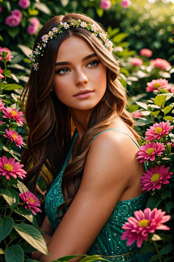 a beautiful girl in a magical garden, 1girl, detailed face, beautiful detailed eyes, beautiful detailed lips, delicate facial features, long eyelashes, dreamlike, elegant dress, vibrant flowers, lush greenery, intricate details, (best quality,4k,8k,highres,masterpiece:1.2),ultra-detailed,(realistic,photorealistic,photo-realistic:1.37),cinematic lighting,warm color palette,ethereal,fantasy art