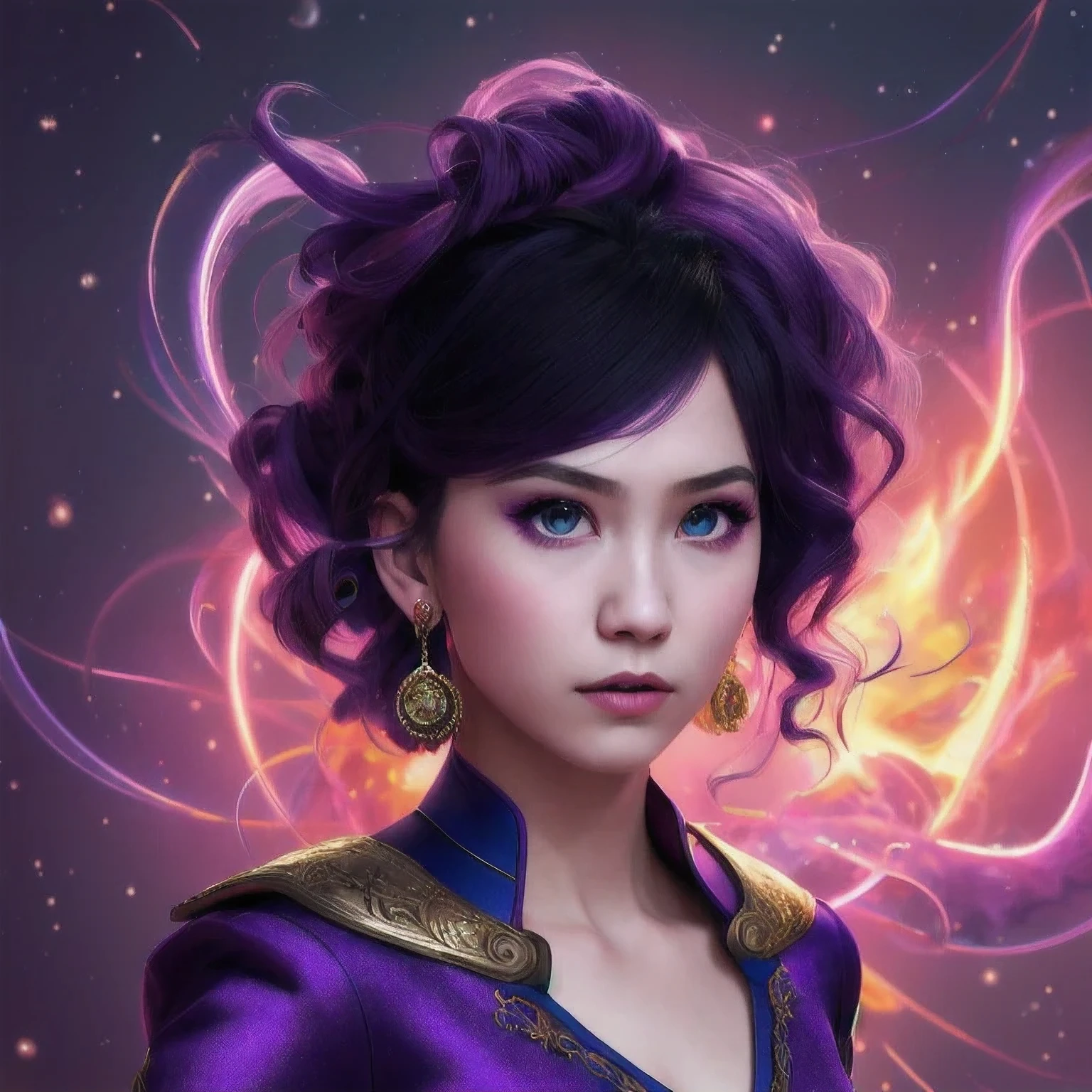 a 18 years old in a purple dress holding a dragon, wlop and ross tran, ross tran 8 k, fantasy art style, chengwei pan on artstation, a beautiful fantasy empress, ross tran and wlop, ruan jia and artgerm, the dragon girl portrait, ig model | artgerm, artgerm and ruan jia，beautiful 1girl bangs blue eyes closed mouth ear piercing earrings grey background hair ornament jewelry lips looking at viewer military military uniform nose piercing portrait realistic short hair simple background solo upper body
