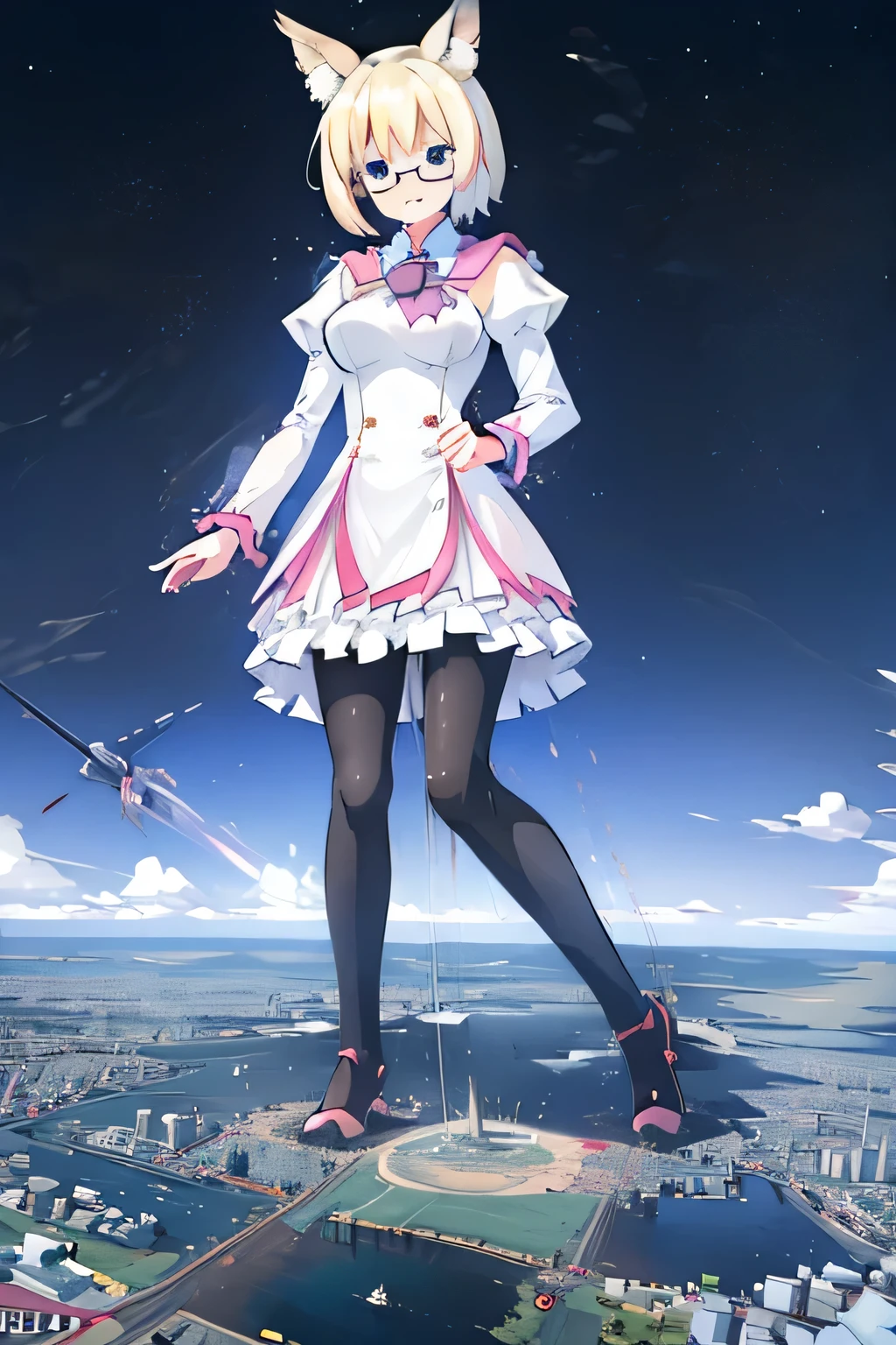 giantess art, highly detailed giantess shots, giantess, Two legs, Five fingers, short hair, A beautiful girl who is bigger than a skyscraper, Wearing rimless glasses, smile, huge breasts, blue and white dress, bow, magical girl, holding a magical wand, black pantyhose, blue stiletto heels, thunderbolt from a magical wand, Destroying cities, A very small big city, Miniature metropolis, Full body description, GTS, giga giantess, stomping city, crash city, tiny city, micro city, pantyhose feet, High resolution, highest quality, masterpiece, peeing self, 