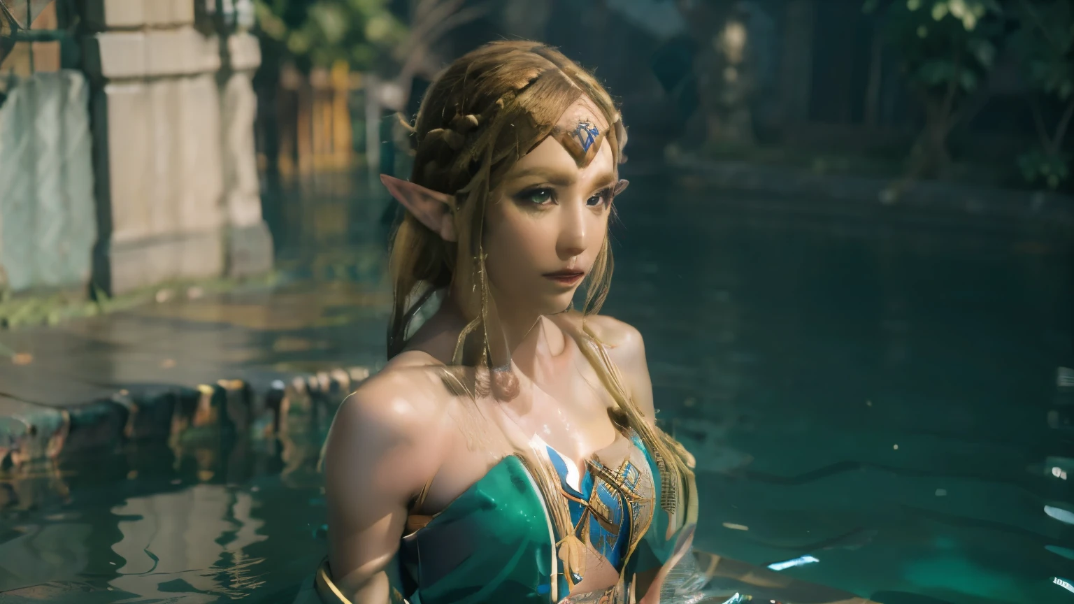 há uma mulher em um vestido em pé na água, linda donzela, cosplay ornamentado, foto do corpo da deusa cinematográfica, sessão de fotos de fantasia, princess Zelda, deusa da maldade, cosplay glamoroso, from legend of Zelda, ninfa na água, Zelda, foto da deusa extremamente detalhada, fantasia closeup com magia de água, Bela deusa, tiro de deusa cinematográfica, vestes esvoaçantes