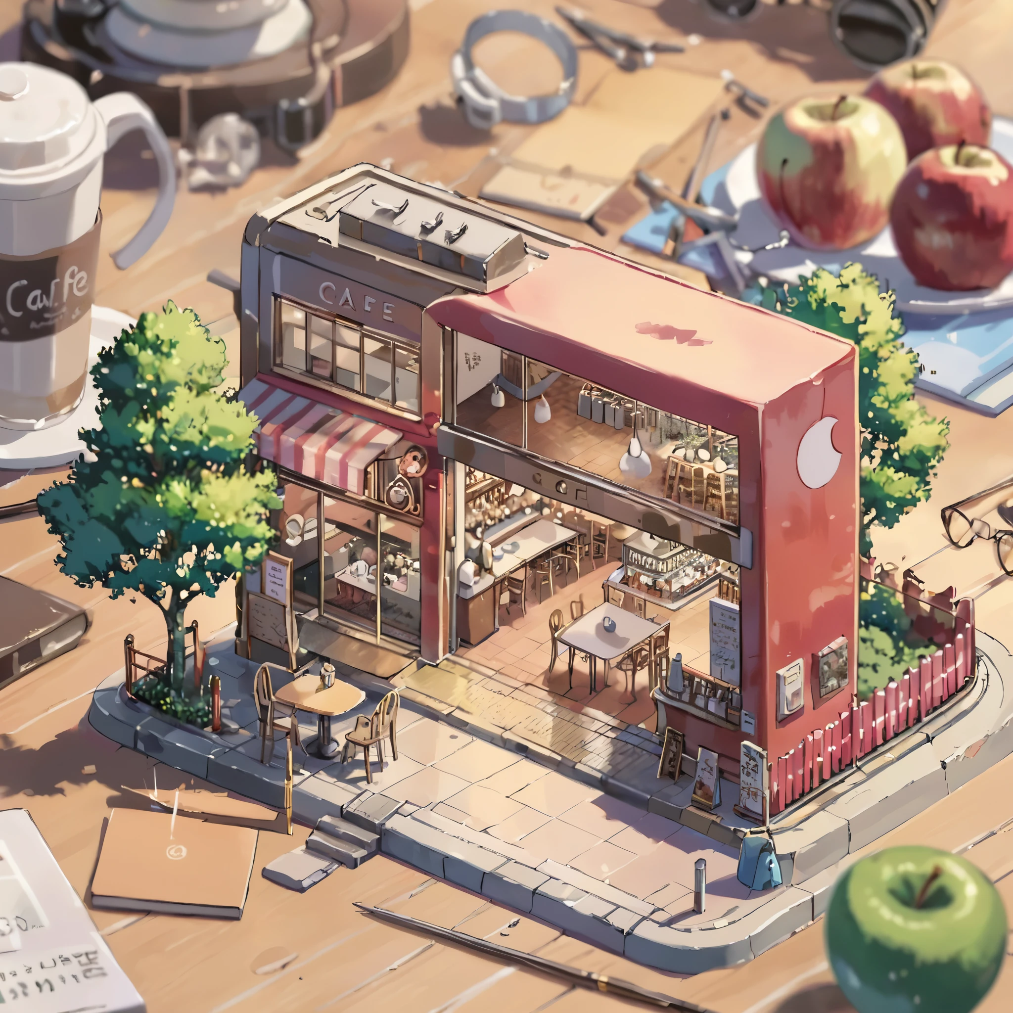 ((tilt-shift photography)), (((cafe in side of apple))), ((anime:1.4,illustration)),(masterpiece, top quality, best quality),(ultra-detailed, absolutely resolution),((16k, high res)). BREAK {lofi art, style of Laurie Greasley, style of Makoto Shinkai, anime aesthetic}