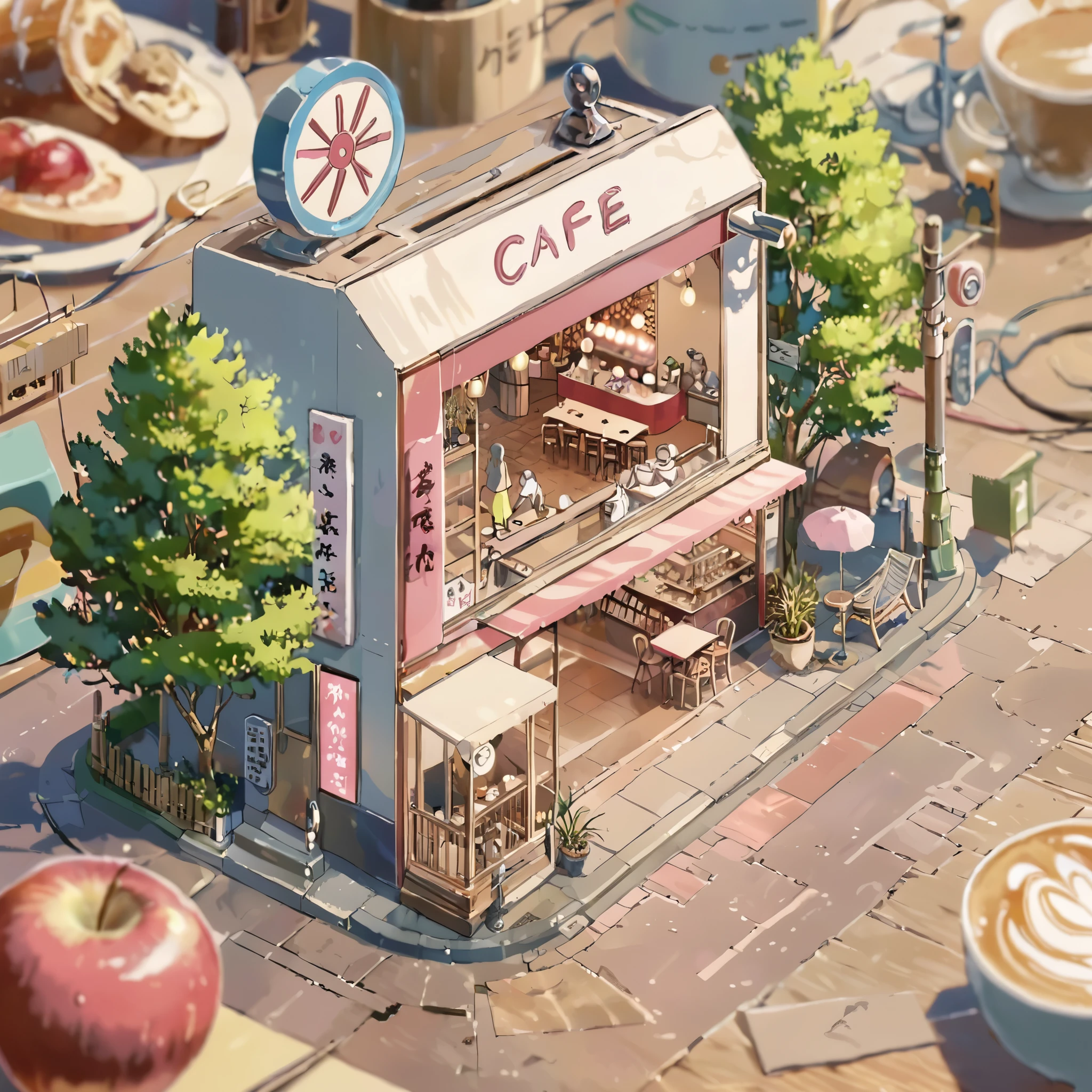 ((tilt-shift photography)), (((cafe in side of apple))), ((anime:1.4,illustration)),(masterpiece, top quality, best quality),(ultra-detailed, absolutely resolution),((16k, high res)). BREAK {lofi art, style of Laurie Greasley, style of Makoto Shinkai, anime aesthetic}