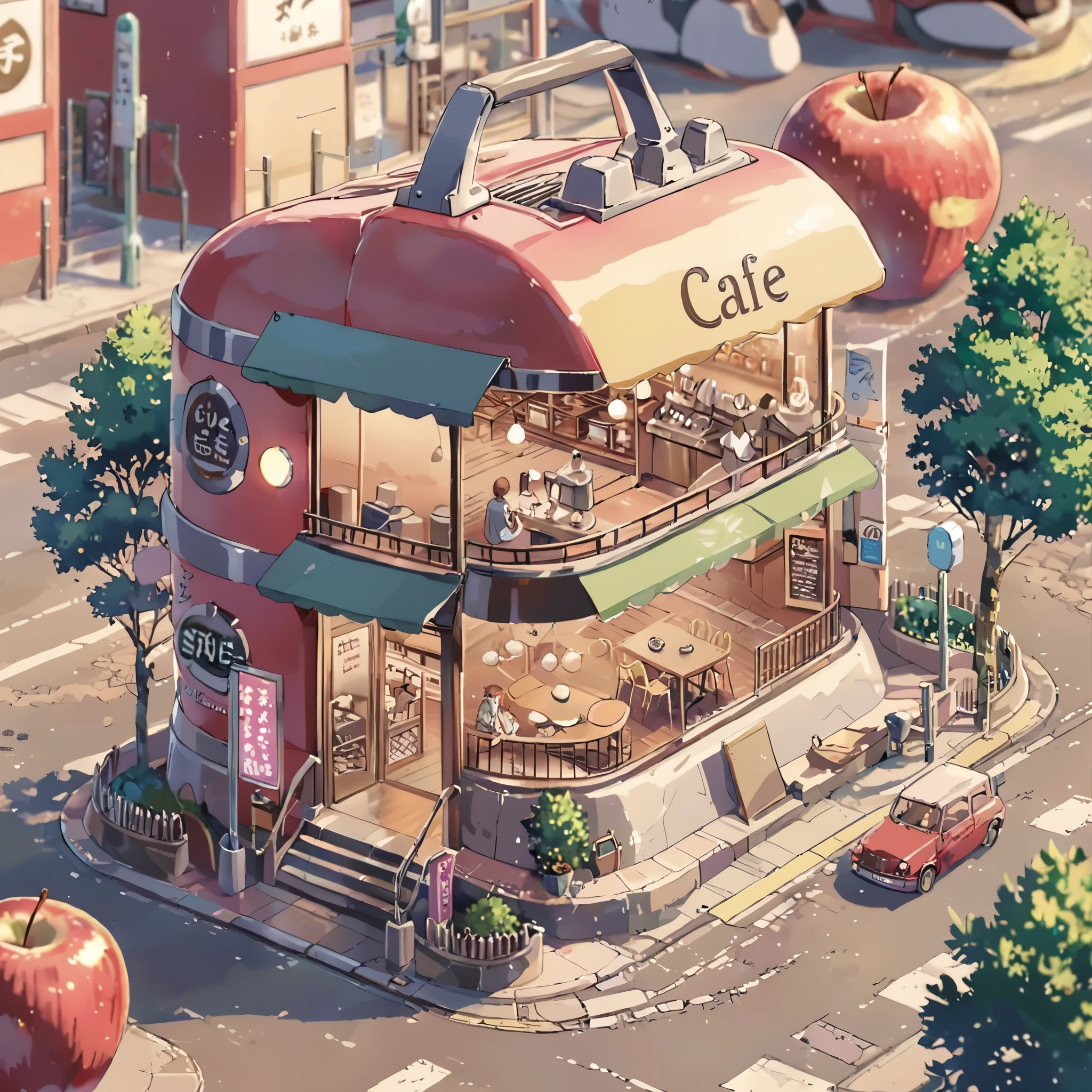 ((tilt-shift photography)), (((cafe in side of apple))), ((anime:1.4,illustration)),(masterpiece, top quality, best quality),(ultra-detailed, absolutely resolution),((16k, high res)). BREAK {lofi art, style of Laurie Greasley, style of Makoto Shinkai, anime aesthetic}