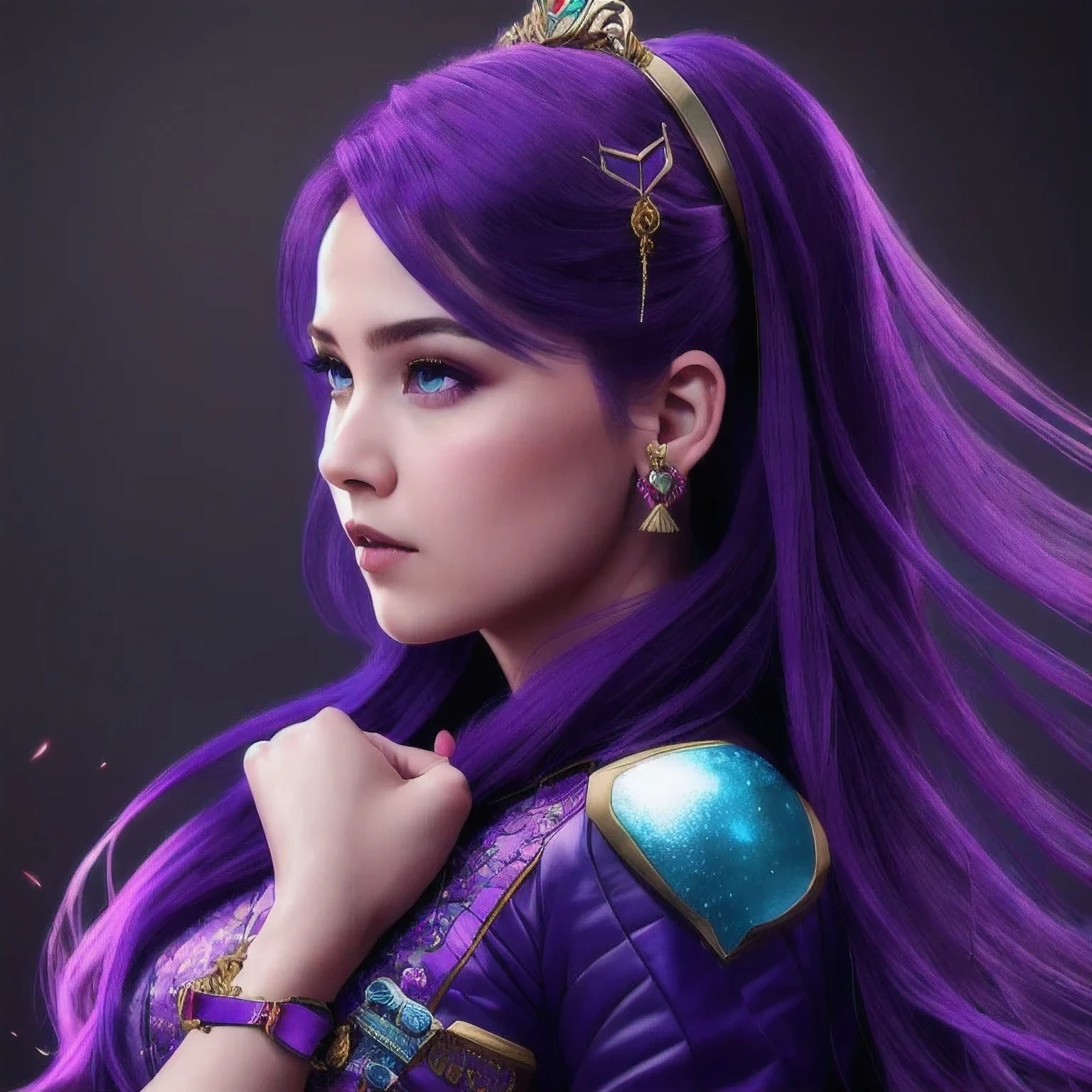 a 18 years old in a purple dress holding a dragon, wlop and ross tran, ross tran 8 k, fantasy art style, chengwei pan on artstation, a beautiful fantasy empress, ross tran and wlop, ruan jia and artgerm, the dragon girl portrait, ig model | artgerm, artgerm and ruan jia，beautiful 1girl bangs blue eyes closed mouth ear piercing earrings grey background hair ornament jewelry lips looking at viewer military military uniform nose piercing portrait realistic short hair simple background solo upper body