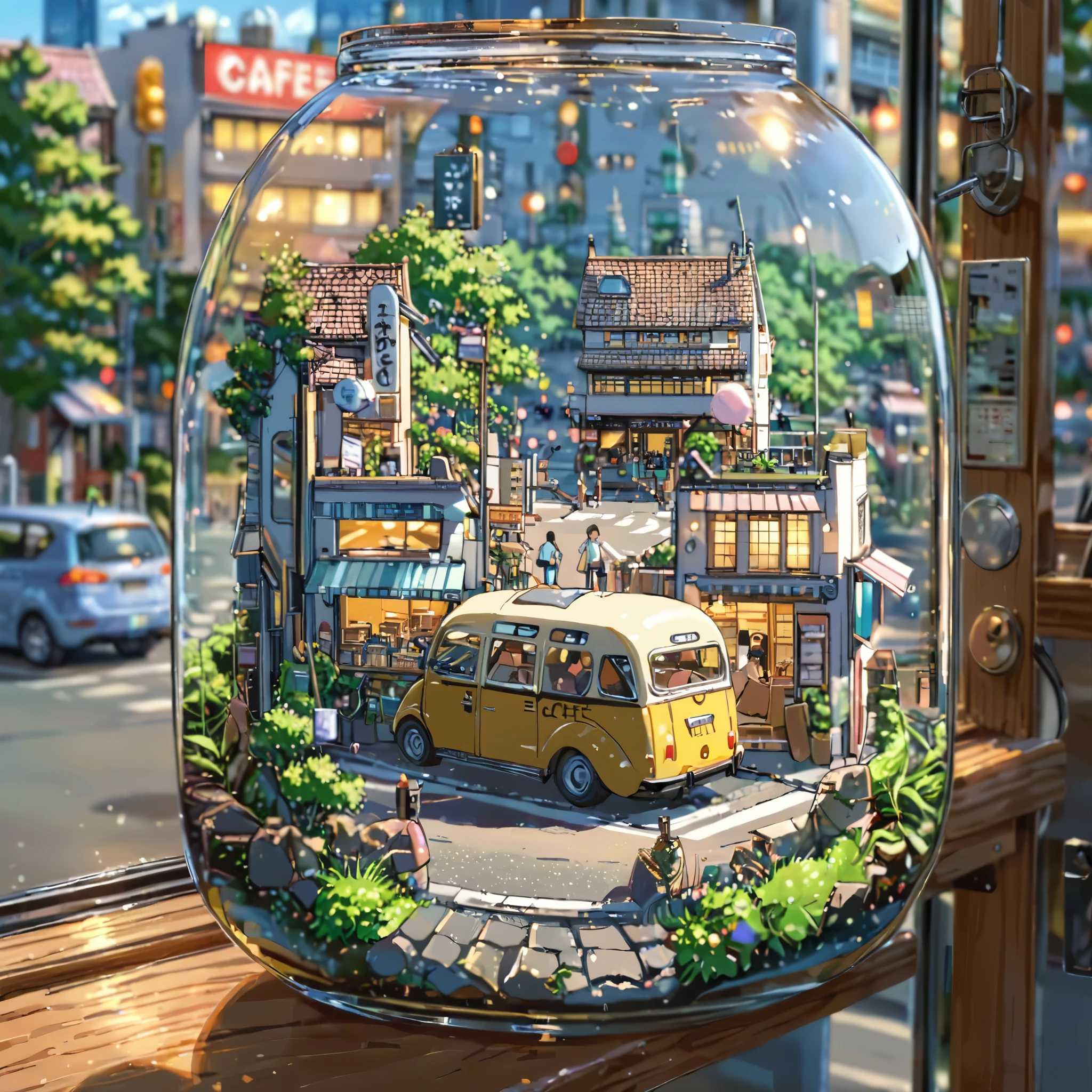 ((anime:1.4,illustration)),(masterpiece, top quality, best quality),(ultra-detailed, absolutely resolution),((16k, high res)).,((tilt-shift photography)), (((cafe in side of bus))), ((anime:1.4,illustration)),(masterpiece, top quality, best quality),(ultra-detailed, absolutely resolution),((16k, high res)). BREAK {lofi art, style of Laurie Greasley, style of Makoto Shinkai, anime aesthetic}, BREAK { (produces images with information than 40 million pixels with cinematic-like detailed textures shot on a Sony SLR).}