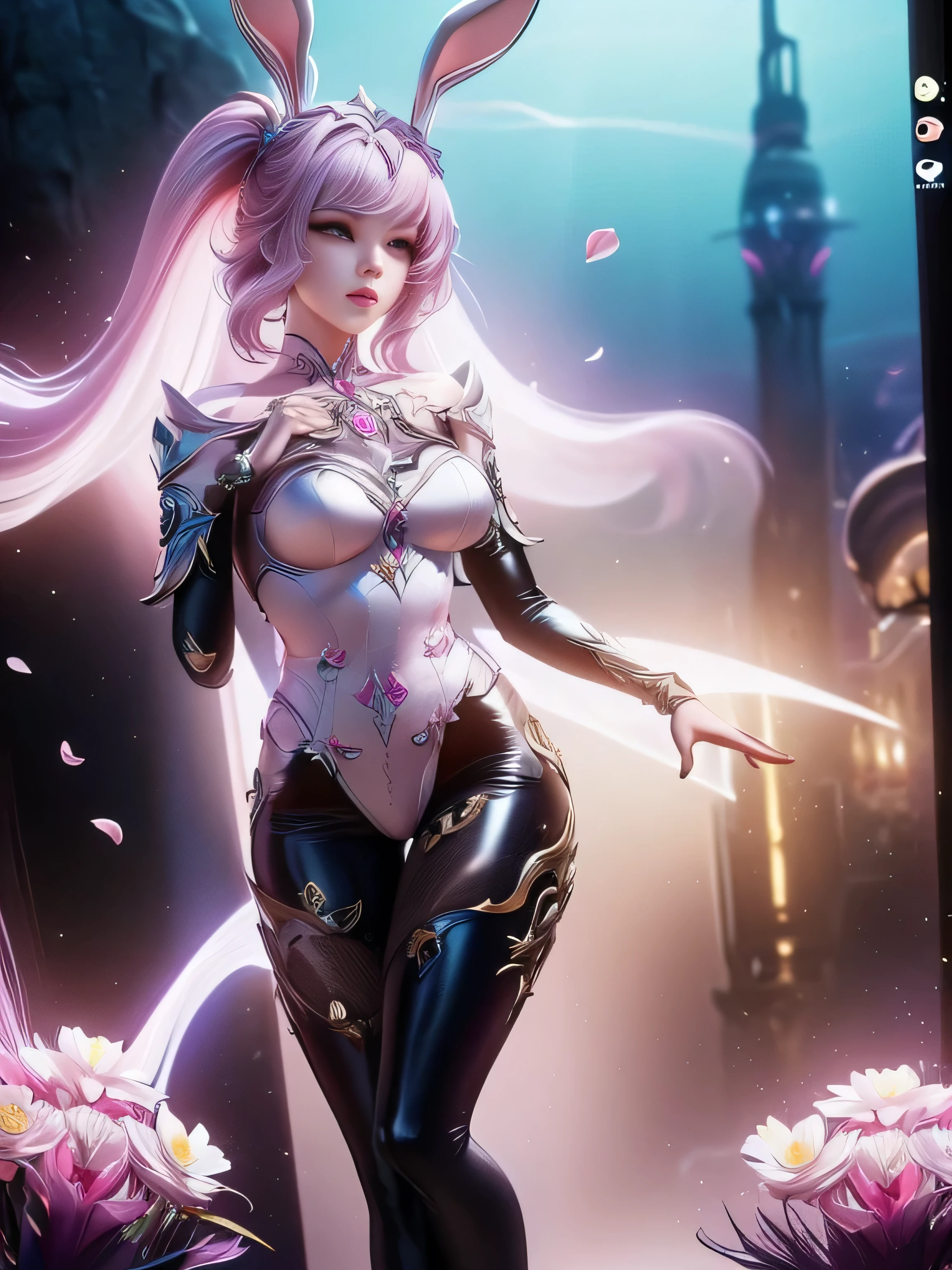 (Best Quality, 8K, Masterpiece, HDR, Soft Lighting, Picture Perfect, Realistic, Vivid), Bunny Girl (1.0), Bunny Girl with Pink Hair and Sexy Skimpy Clothes, pink bodysuit with glitter texture, Beautiful anime fantasy, Very beautiful and cute bunny girl, rain of pink flower petals, background blur, anime fantasy, work in Gouves style, realistic: 1.37, top view, lying in pink flowers, horizontal view, (Ultra High Quality Fantasy Art), Masterpiece, Female Model, Ultra High Quality Female Character Designs, Detailed 8k Anime Art, Realistic Anime Art, Highest Quality Wallpapers, Intricate Ultra High Quality Accurate Female Characters Faces, High Quality Designs and Accurate Physics (Fantasy- ultra-high quality art), dark fantasy style), masterpieces, super high quality characters, anime resolution - 8K, realistic anime art, wallpapers with the highest quality illustrations, ultra-high facial detail, high-quality design and accurate physics), color, depth of field, shadows, ray tracing, high quality workmanship. -high-quality and 8K resolution, (Accurate simulation of the interaction of light and materials)], [High-quality hair detail [More about beautiful and shiny white hair]], (Beautifully detailed hands [perfect fingers [Perfect nails]]]]]], (perfect anatomy (perfect proportions)))) [[Full-length]], [Perfect combination of colors (Accurate imitation of the interaction of light and material)], [art that conveys the meaning of history]