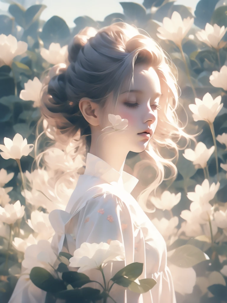 かわいいリトルプリンセス、(光の:0.7)、彼女の服装は、美しい花畑の背景にシームレスに溶け込みます、多重露出効果