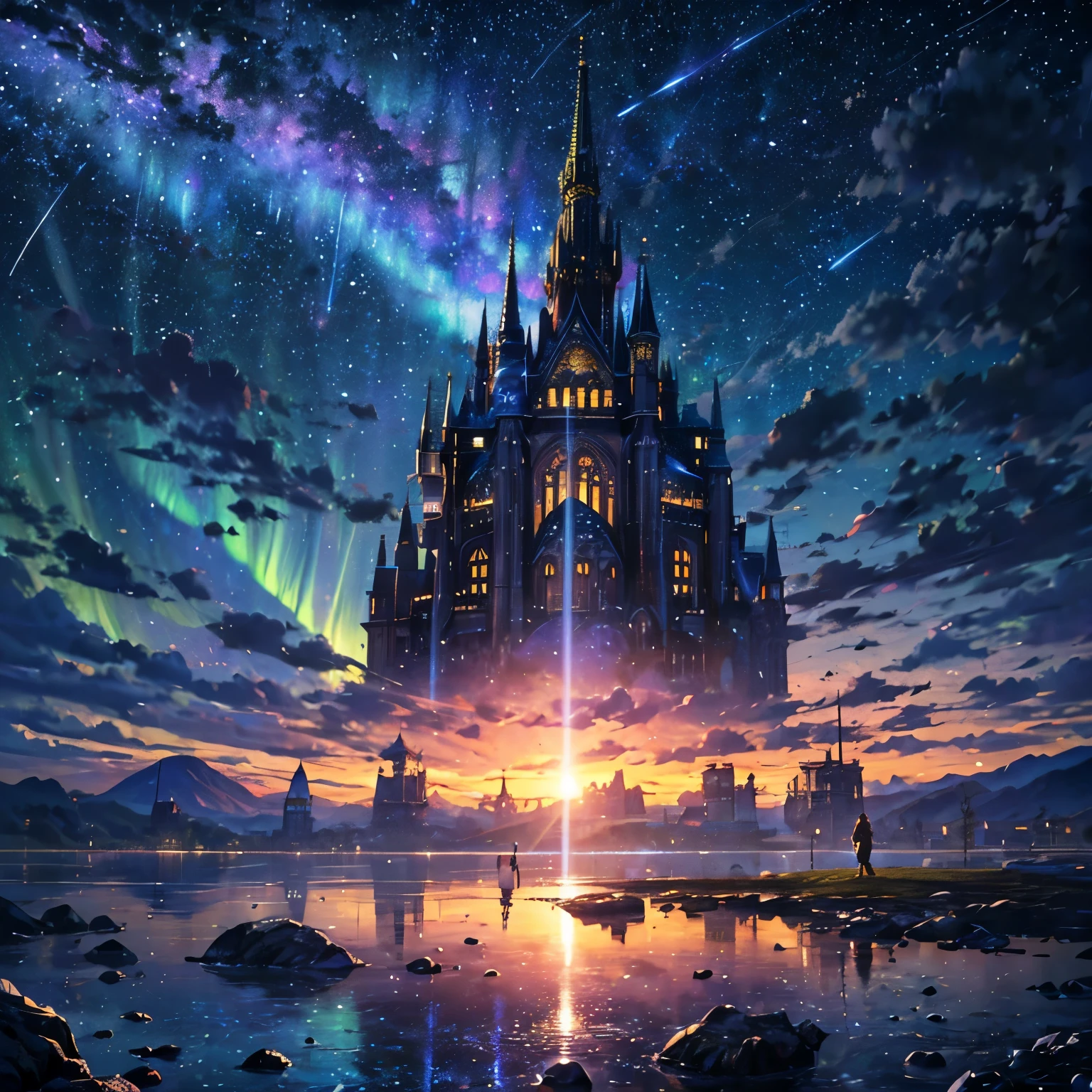 (8K, highest quality, masterpiece, final fantasy style: 1.2), (unRealistic, photoRealistic: 1.37), Dreamy landscape, Fantasy, Unsurreal landscapes, Super detailed, Flying medieval castle, Floating Island in the Sky, Seven-colored swirl of light, (Mr. Shooting Star.A small, shiny, long-tailed bird soaring through the sky:1.3), Aurora, Intense lightning, milky way, Complex Light, Mr.々Colored light, Large Lake, Starry sky reflected on the lake surface, Countless shining stars, Meteors, Many meteors, Aura of, (A pillar of light emanated from the ground:1,2), Complex SentencesMr.Magic Circle