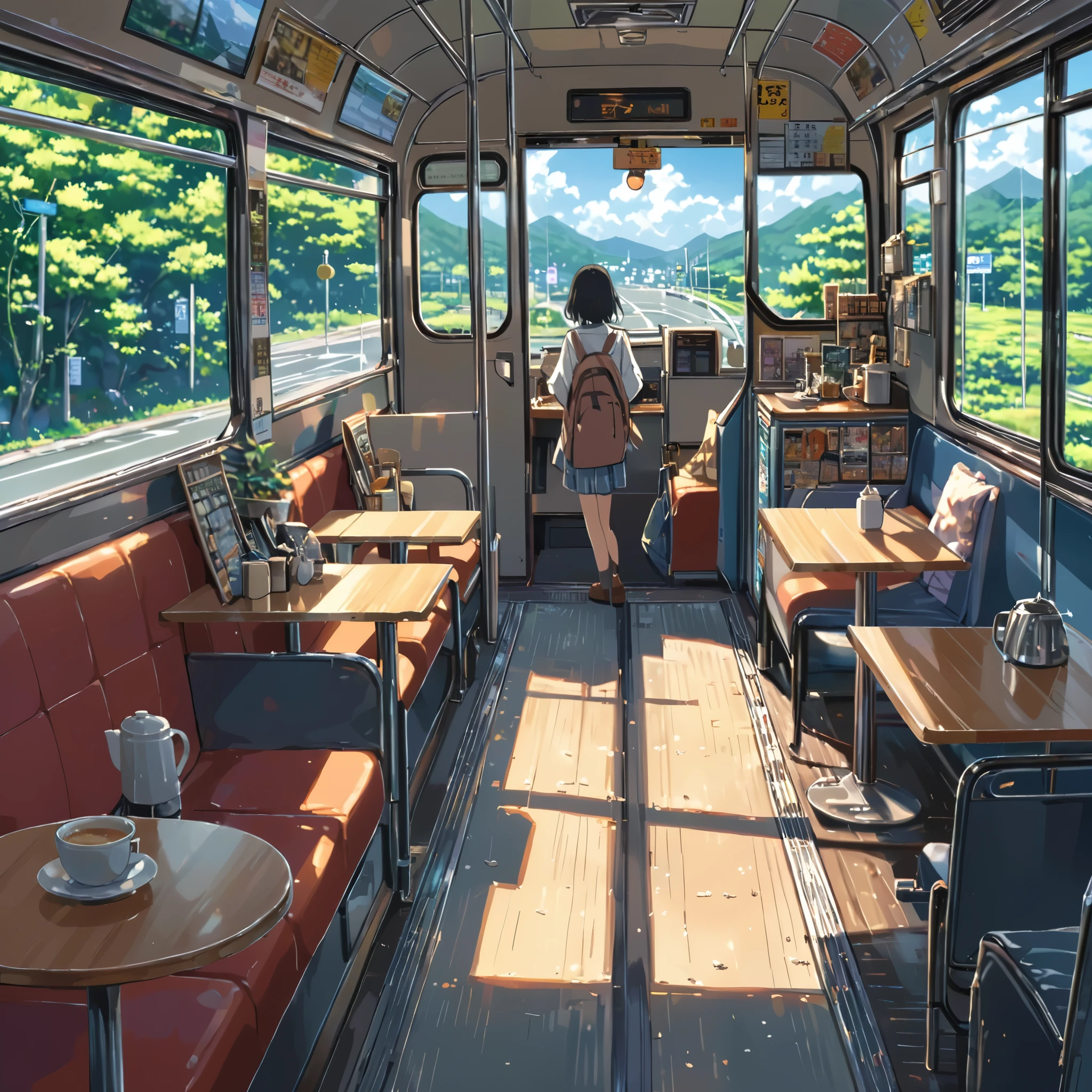 ((anime:1.4,illustration)),(masterpiece, top quality, best quality),(ultra-detailed, absolutely resolution),((16k, high res)), (((cafe in side of bus))), ((anime:1.4,illustration)),(masterpiece, top quality, best quality),(ultra-detailed, absolutely resolution),((16k, high res)). BREAK {lofi art, style of Laurie Greasley, style of Makoto Shinkai, anime aesthetic}, BREAK { (produces images with information than 40 million pixels with cinematic-like detailed textures shot on a Sony SLR).}