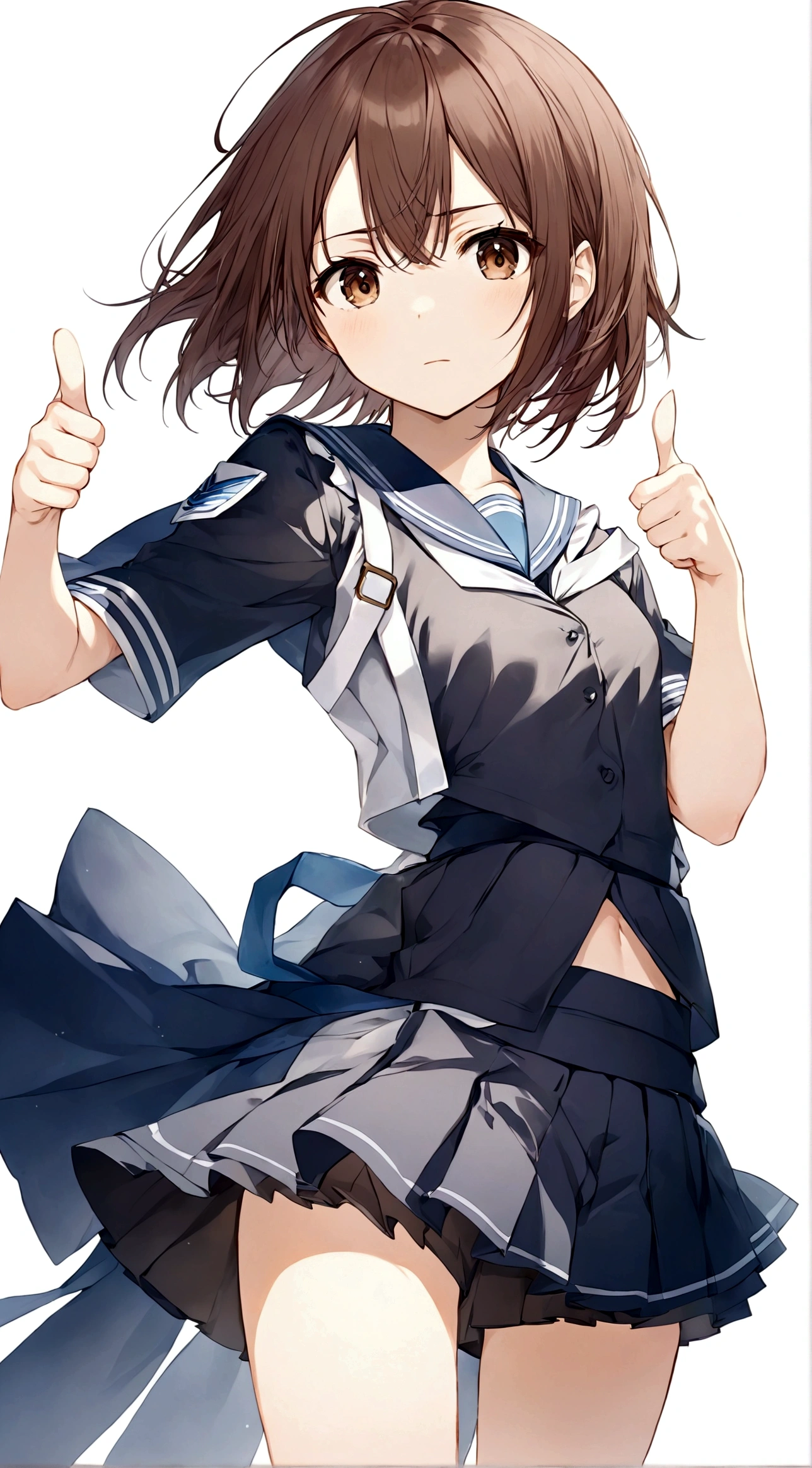 1girl，Brown eyes，Brown hair，One hand thumbs up，One hand on waist，Proud, Disgusted look, misaka mikoto，Uniforms，short hair，shorts，skirt下的shorts，Simple background，skirt，solo，White background