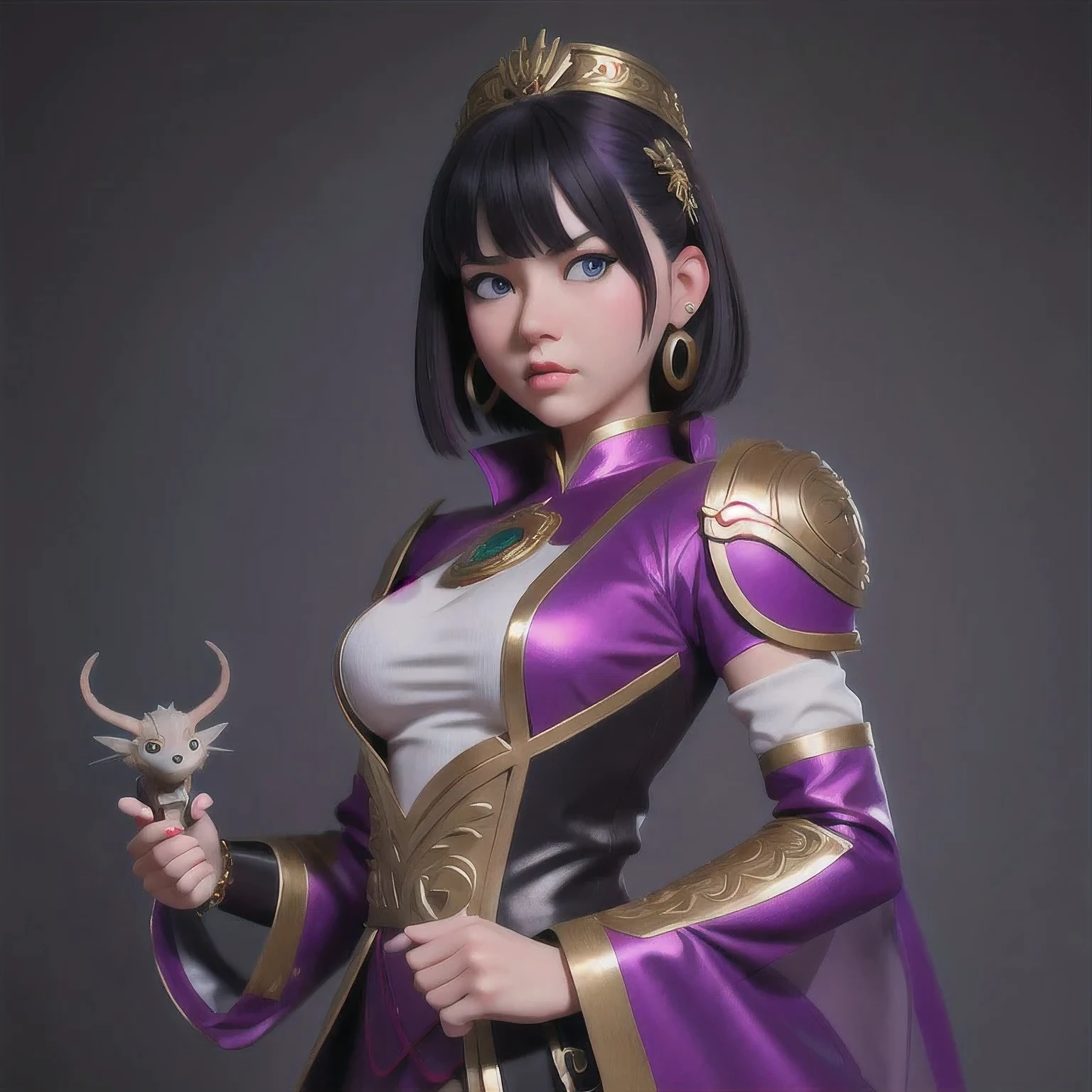 (((mirada disgustada)))Hay una chica de 18 años con un vestido morado sosteniendo un dragón., wlop y ross tran, Ross Tran 8K, estilo de arte de fantasía, sartén chengwei en artstation, una hermosa emperatriz de fantasía, Ross Tran y WLOP, ruan jia and germen de arte, el retrato de la niña dragón, ig model | germen de arte, germen de arte and ruan jia，hermosa 1girl flequillo ojos azules boca cerrada perforación de oreja aretes fondo gris adorno para el cabello joyería labios mirando al espectador militar uniforme militar perforación de nariz retrato realista cabello corto fondo simple solo parte superior del cuerpo