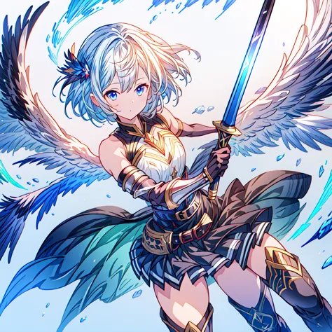 Dynamic composition、(((One girl))),One girl, alone, Milky white short hair, Magic wand, wing, Black background, sword, Knee sock...