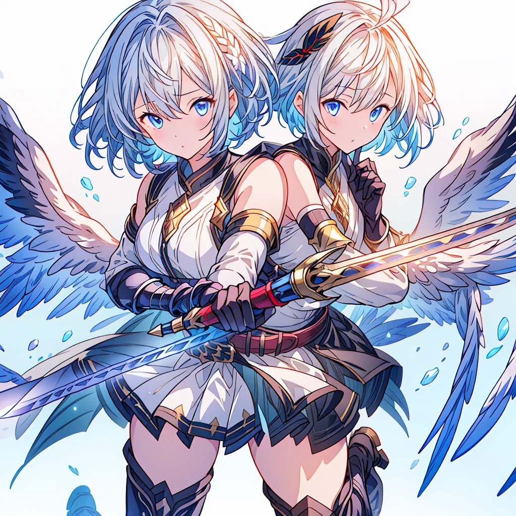 Dynamic composition、(((One girl))),One girl, alone, Milky white short hair, Magic wand, wing, Black background, sword, Knee socks, Holding, skirt, hair ornaments, gloves, boots, feathered wing, Holding 武器, feather, Two-Way, black skirt, blue eyes, black gloves, Milky hair, whole body, belt, Exposing shoulders, thigh boots, Holding sword, elbow gloves, Gauntlet, [(White Background:1.5),::5] (Isoscale:1.0), Double Exposure, bubble,
Mid Shot, whole body,masterpiece, highest quality,(colorful),(Beautifully detailed eyes and face),Cinema Lighting,Highly detailed CG Unity 8k wallpaper、Super huge、whole body、