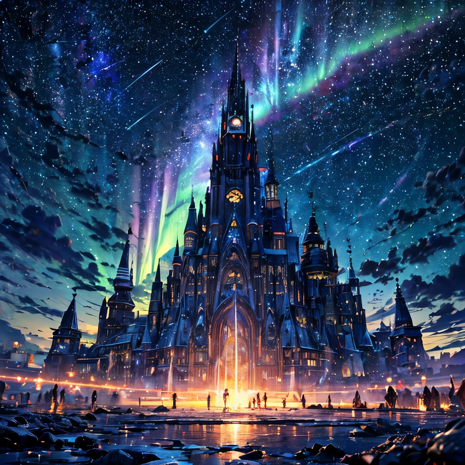 (8k, highest quality, masterpiece, final fantasy style: 1.2), (unRealistic, photoRealistic: 1.37), Dreamy landscape, Fantasy, Unsurreal landscapes, Super detailed, Flying medieval castle, Floating Island in the Sky, Seven-colored swirl of light, (流星のMr.に空を舞う光り輝く尾の長い小鳥:1.3), Aurora, Intense lightning, milky way, Complex Light, Mr.々Colored light, Large Lake, Starry sky reflected on the lake surface, Countless shining stars, Meteors, Many meteors, Aura of, (A pillar of light emanated from the ground:1,2), 複雑な文Mr.の魔法陣