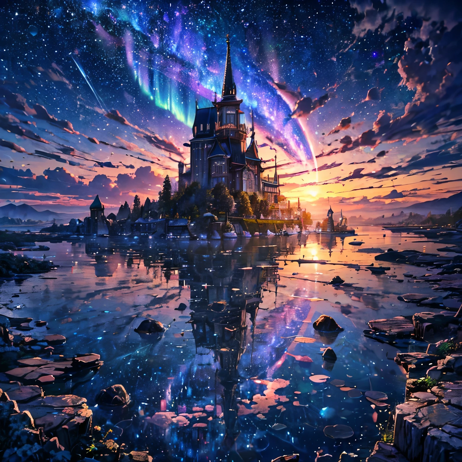 (8k, highest quality, masterpiece, final fantasy style: 1.2), (unRealistic, photoRealistic: 1.37), Dreamy landscape, Fantasy, Unsurreal landscapes, Super detailed, Flying medieval castle, Floating Island in the Sky, Seven-colored swirl of light, (流星のMr.に空を舞う光り輝く尾の長い小鳥:1.3), Aurora, Intense lightning, milky way, Complex Light, Mr.々Colored light, Large Lake, Starry sky reflected on the lake surface, Countless shining stars, Meteors, Many meteors, Aura of, (A pillar of light emanated from the ground:1,2), 複雑な文Mr.の魔法陣