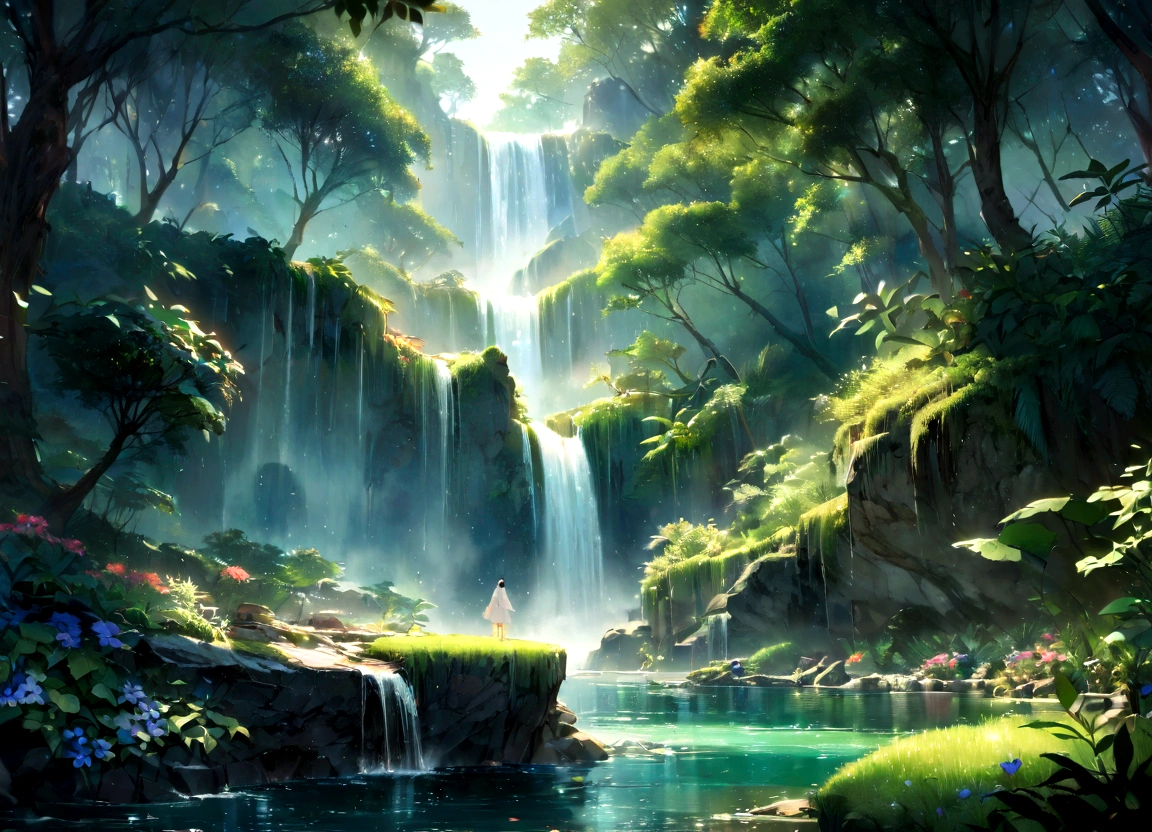 (masterpiece, 最high quality, high quality, A High resolution:1.4), Very detailed, Ambient soft lighting, 4K, Outdoor, nature, forest, Green tree々, Grass, plant, Flowers, river, Caustics, Water flow, ripple, (waterfallr:1.2), Pool, jungle, Dense foliage, Fern, Everything is expressed in jewels, The arrival of spring,waterfall,wonderful scenery, Transparency, View from below, Falling from the sky々A gem, Amazingly beautiful scenery,riverの岸にたたずむユニコーンと乙女、 Slightly hazy, wonderful, High resolution, 8k, (最high quality, High resolution, Realistic:1.37), Shiny metallic flowers, Intricate and delicate petals, Reflective surface, Vibrant colors, Intricate details, Close-up view, 超Realisticな庭園, 超Realisticな美しさ, Dreamy atmosphere, Fine art, 抽象的なplant, Metallic engraving, Contrasting Textures, Mysterious glow