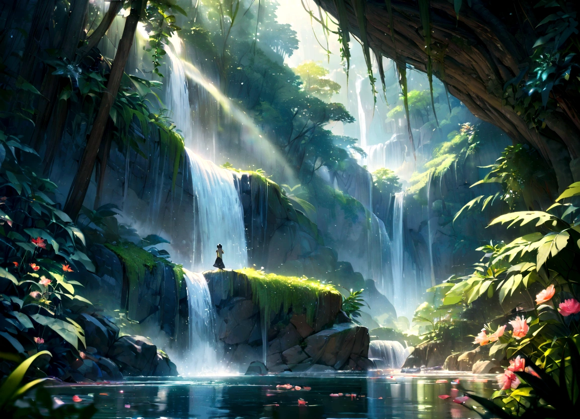 (masterpiece, 最high quality, high quality, A High resolution:1.4), Very detailed, Ambient soft lighting, 4K, Outdoor, nature, forest, Green tree々, Grass, plant, Flowers, river, Caustics, Water flow, ripple, (waterfallr:1.2), Pool, jungle, Dense foliage, Fern, Everything is expressed in jewels, The arrival of spring,waterfall,wonderful scenery, Transparency, View from below, Falling from the sky々A gem, Amazingly beautiful scenery,riverの岸にたたずむユニコーンと乙女、 Slightly hazy, wonderful, High resolution, 8k, (最high quality, High resolution, Realistic:1.37), Shiny metallic flowers, Intricate and delicate petals, Reflective surface, Vibrant colors, Intricate details, Close-up view, 超Realisticな庭園, 超Realisticな美しさ, Dreamy atmosphere, Fine art, 抽象的なplant, Metallic engraving, Contrasting Textures, Mysterious glow