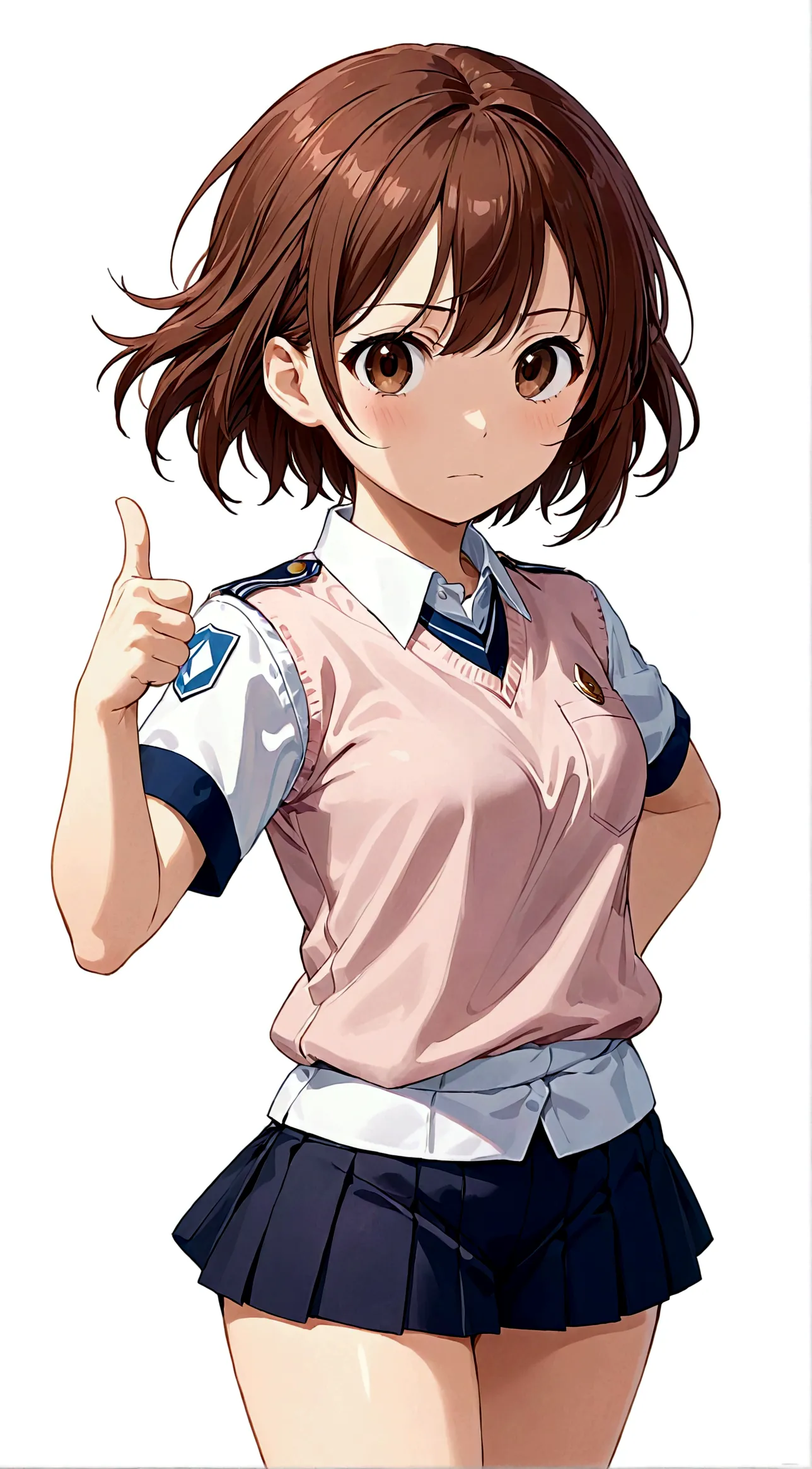 1girl，Brown eyes，Brown hair，One hand thumbs up，One hand on waist，Proud, Disgusted look, misaka mikoto，Uniforms，short hair，shorts...