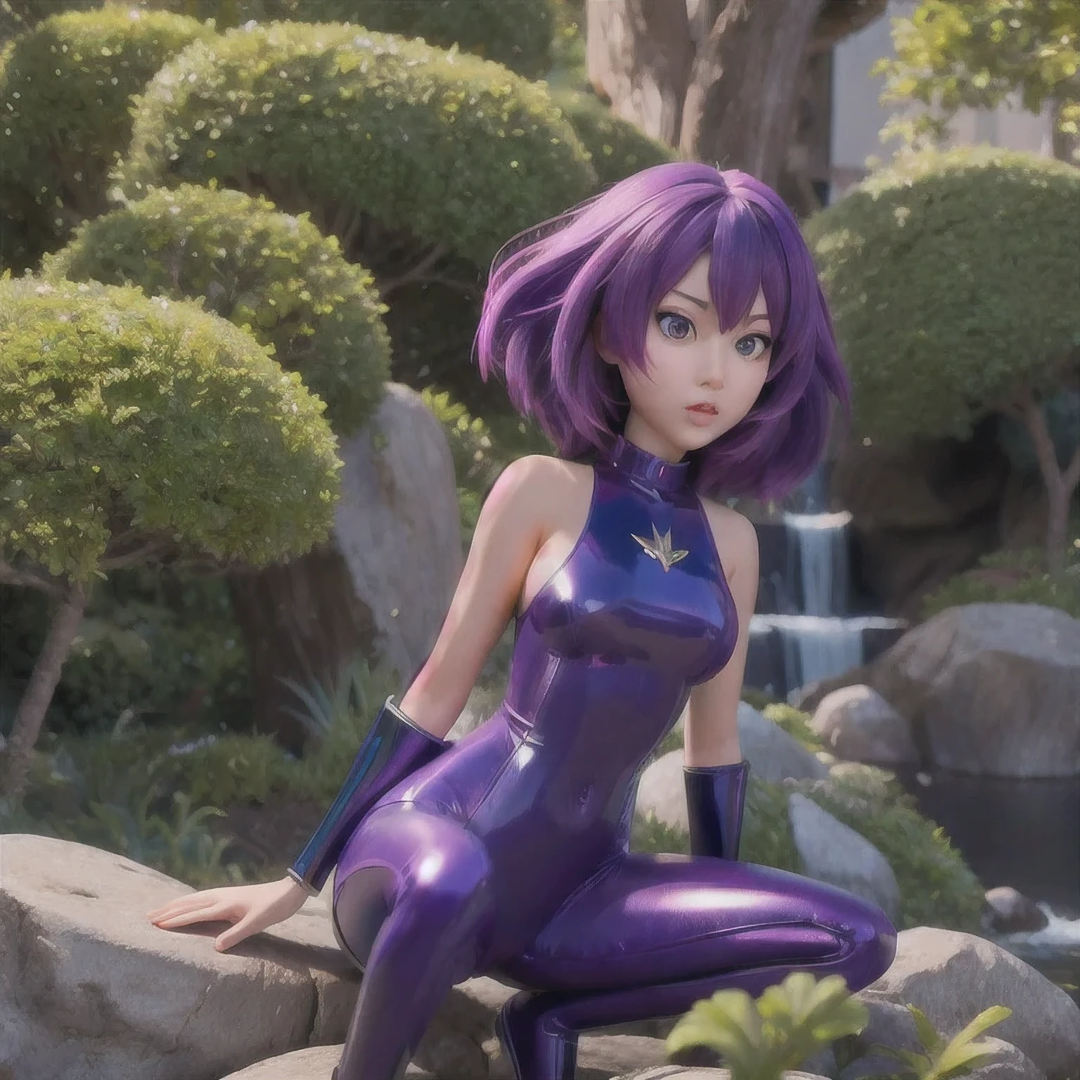 araffe with purple hair and a blue bodysuit sitting on a rock, seductive anime girl, guweiz masterpiece, guweiz, artwork in the style of guweiz, trending on cgstation, anime lush john 8k woods, beautiful alluring anime woman, oppai, the anime girl is crouching, gynoid body, 3 d anime realistic