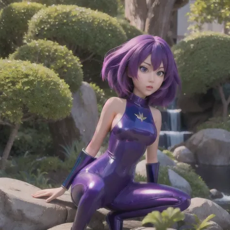 araffe with purple hair and a blue bodysuit sitting on a rock, seductive anime girl, guweiz masterpiece, guweiz, artwork in the ...