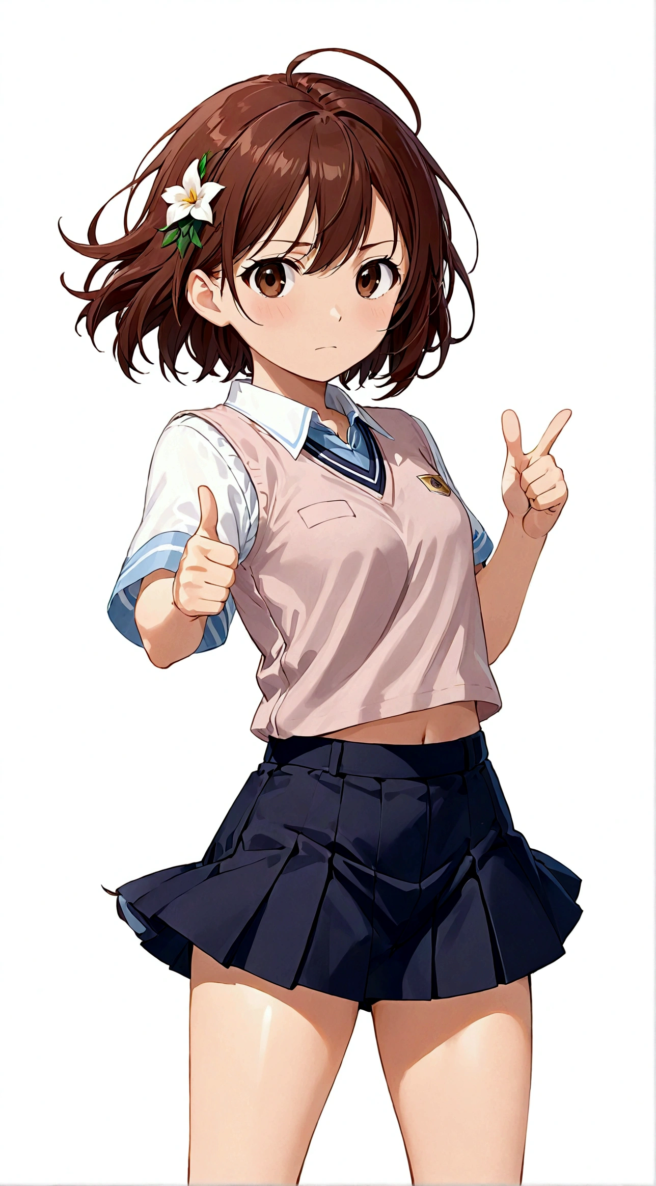 1girl，Brown eyes，Brown hair，One hand thumbs up，One hand on waist，Proud, Disgusted look, misaka mikoto，Uniforms，short hair，shorts，skirt下的shorts，Simple background，skirt，solo，White background