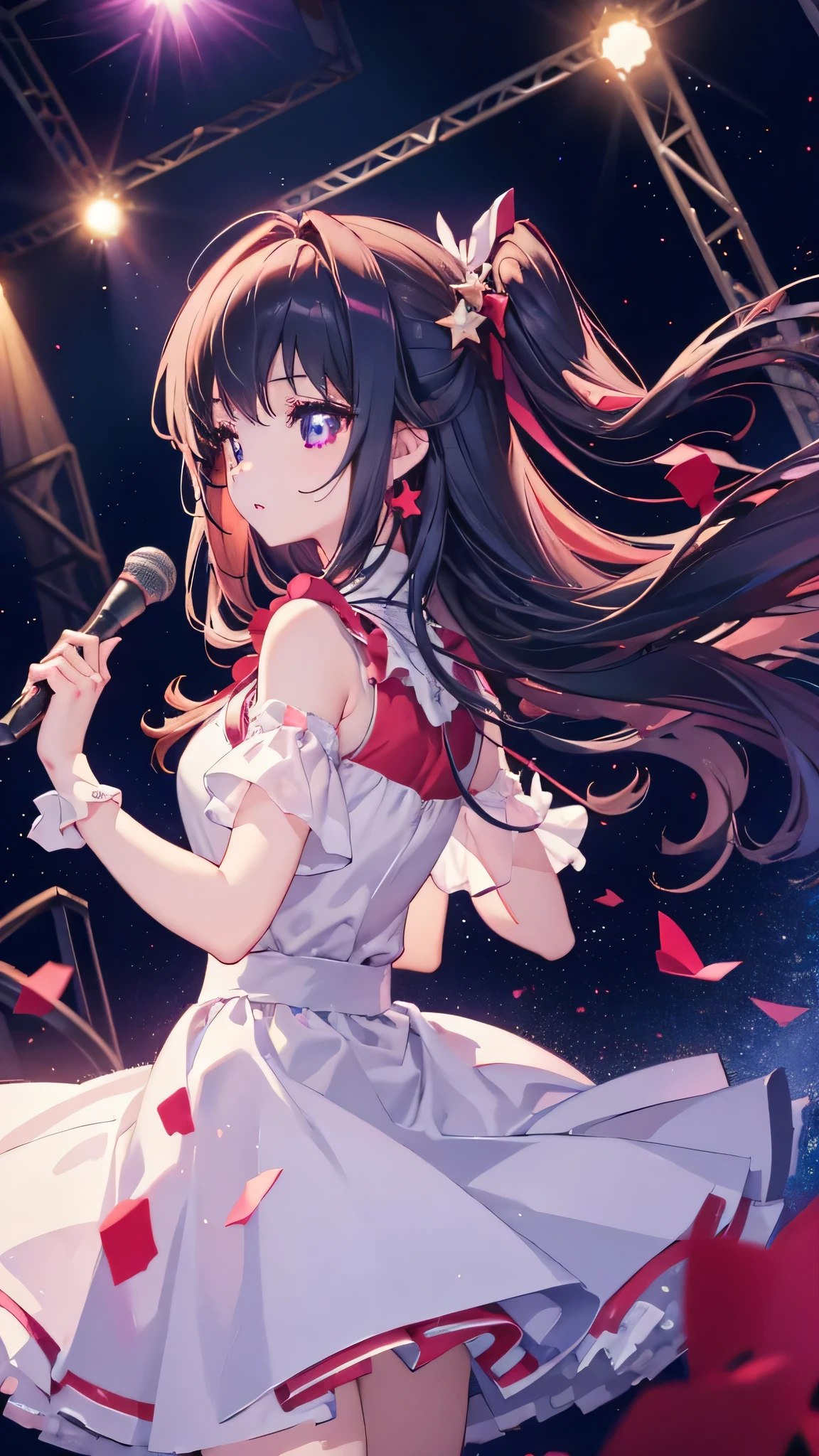 One girl, alone, highest quality, masterpiece , Hoshino Ruby, hair ornaments, Shining Eyes, Stars in my eyes, (Star in the right eye:1), (dress:1.4), (Concert 1), On Stage,