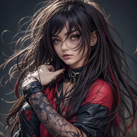 best quality, intricate details, chromatic aberration, 1girl, long hair, black hair, messy hair, red highlights, hair over one e...