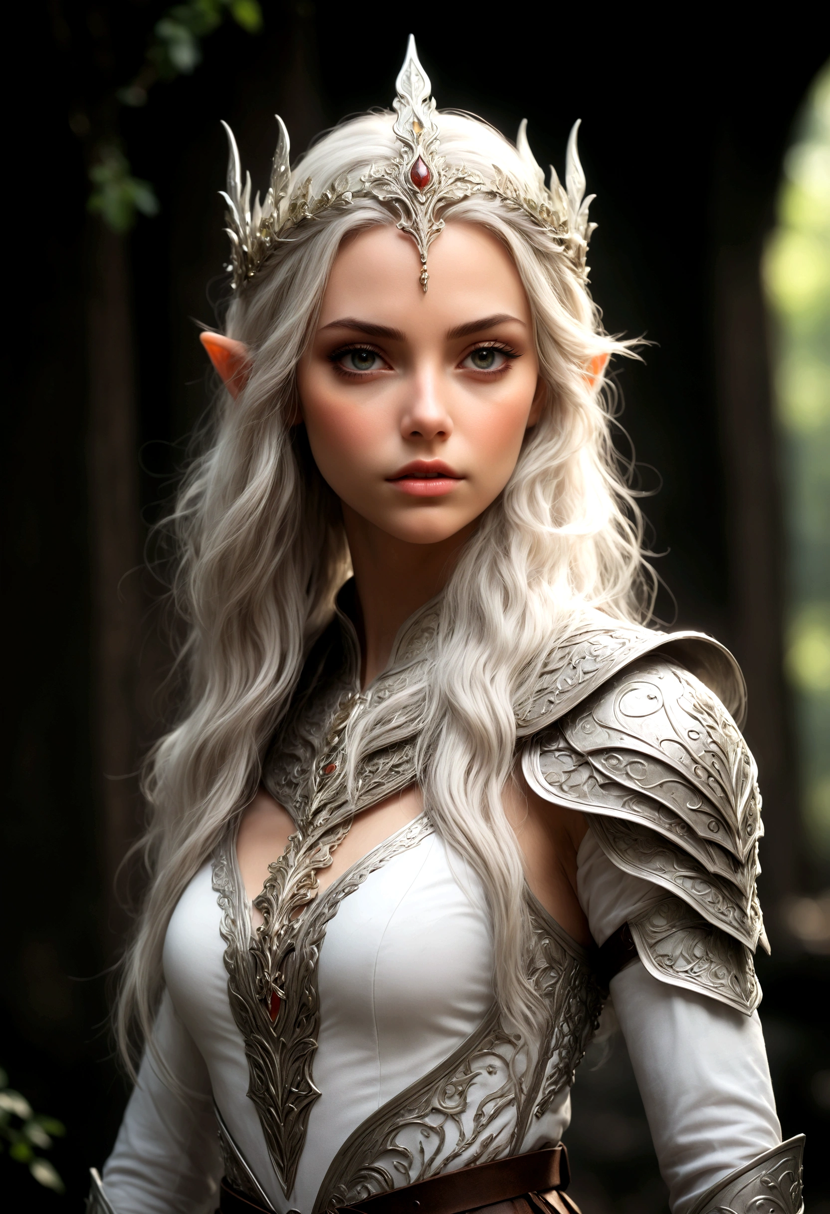 ((Masterpiece)), (Best Quality),(Cinematic),(extrem detailliertes CG Unity 8k-Hintergrundbild),complete body in picture,((head to toe in frame)),(highly accurate drawing in every detail)(extremely precise representation)1girl, fit, small breasts, a stunning beautiful elf warrior princess who looks dreamy in her a beautifully crafted fine and perfect fitting armor-dress. with one hand  towards she is showing us a fine curved dagger in elf-handcrafted style.  on her head she has decorative tiara with the same ornaments like her armor. the scenery is a little bit gritty but also awe inspiring.,1 line drawing,makeup, plain white background, full body representation