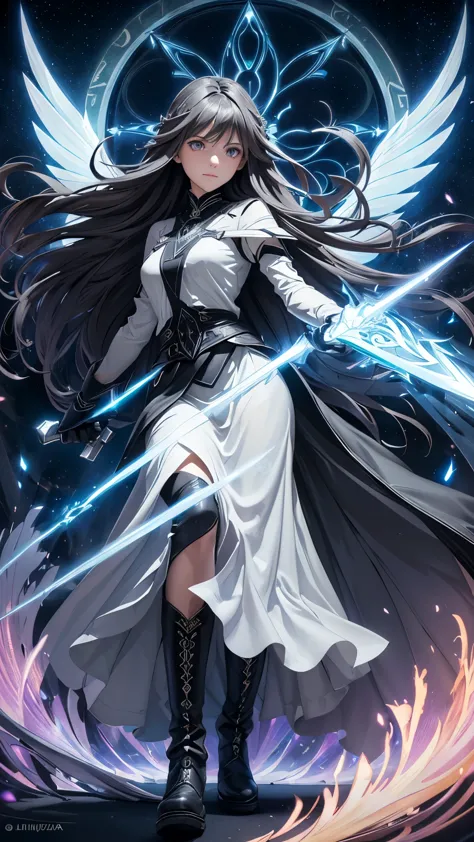 a dark angel with glowing eyes, gray long hair. 2 wings made of light, wielding a sword. wearing a white shirt and black skirt, ...