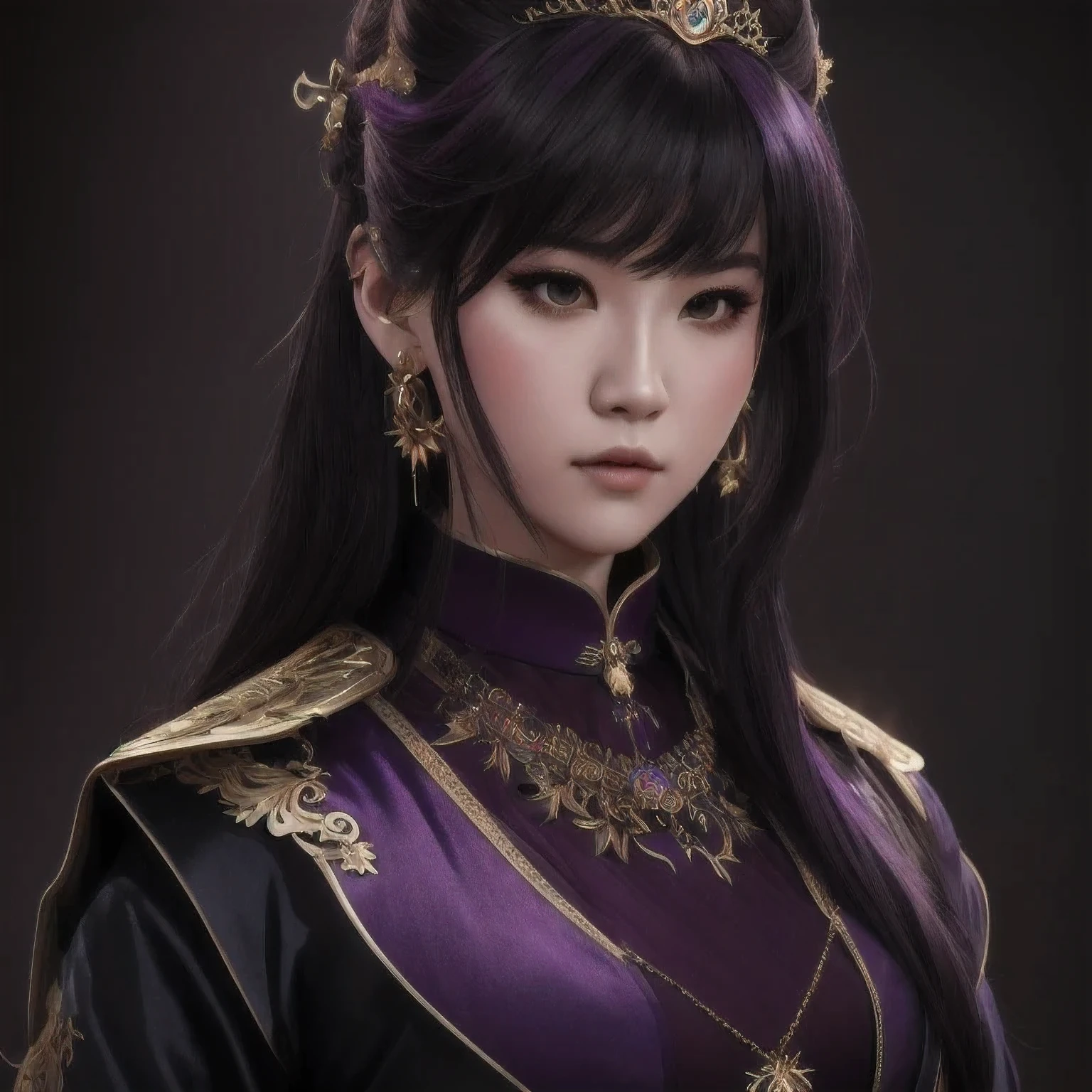 there is a 18 years old in a purple dress holding a dragon, wlop and ross tran, ross tran 8 k, fantasy art style, chengwei pan on artstation, a beautiful fantasy empress, ross tran and wlop, ruan jia and artgerm, the dragon girl portrait, ig model | artgerm, artgerm and ruan jia，beautiful
1girl
bangs
深绿 eyes
closed mouth
ear piercing
earrings
grey background
hair ornament
jewelry
lips
looking at viewer
military
military uniform
nose
piercing
portrait
realistic
short hair
simple background
solo
upper body