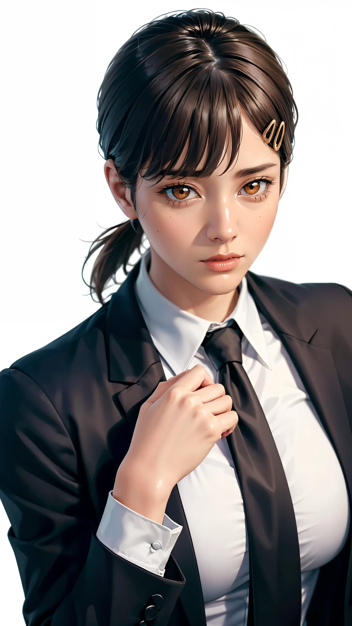 (（（Perfect body,White and tender skin,（（（black necktie, black pants, business suit, formal, long sleeves, necktie, pants, suit,,）））,（（（kobeni higashiyama, black hair, hair ornament, hairclip,  ponytail, short hair, (brown eyes:1.5),）））,((masterpiece)),highres,((Best quality at best)),masterpiece,quality,Best quality,(（（ Exquisite facial features,Looking at the audience,There is light in the eyes,(（（cry））））））,（（（Light and shadow,Huge breasts,）））,（（（Looking at the camera,White background,)））)