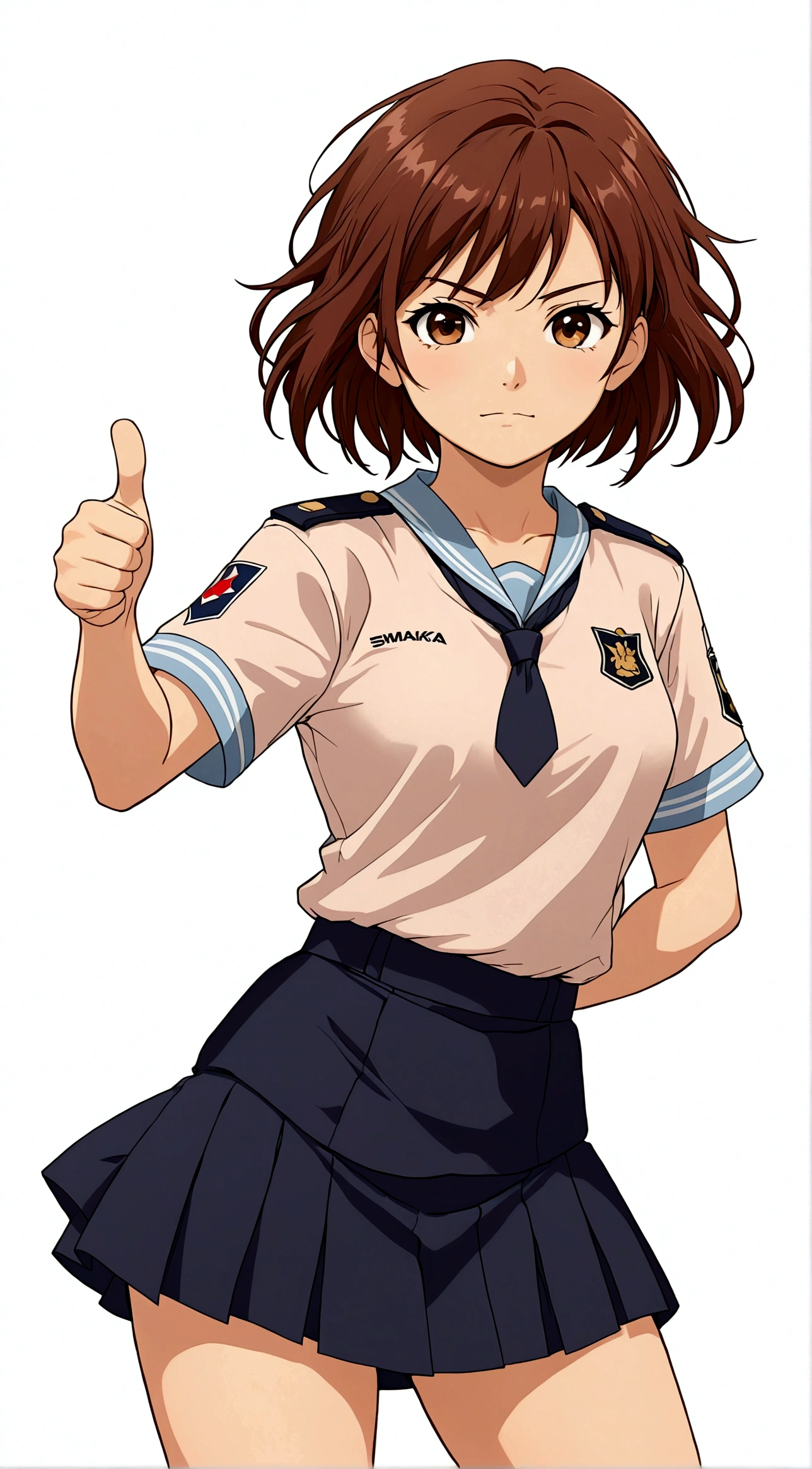 1girl，Brown eyes，Brown hair，One hand thumbs up，One hand on waist，Proud, Disgusted look, misaka mikoto，Uniforms，short hair，shorts，skirt下的shorts，Simple background，skirt，solo，White background