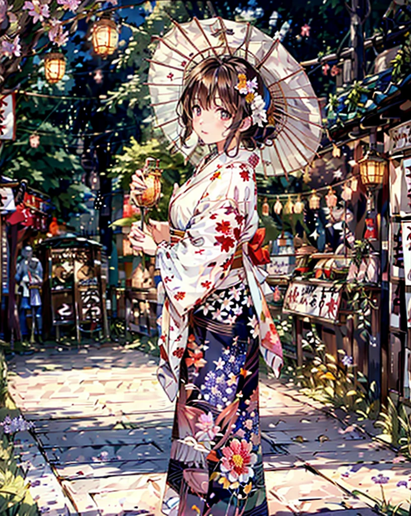masterpiece, highest quality, Very detailed, shape, omatsuri, food stand, 1 girl, Beautiful Eyes, Looking at the audience, From behind, Cowboy Shot, please remember, yukata, wood, Outdoor,road, walk,  crowd, night, lanthanum, festival, Hydrangea flower bed, food, Paved, Crossing road, paper lanthanum, Street lamp post, Brown Hair, night sky, rain,