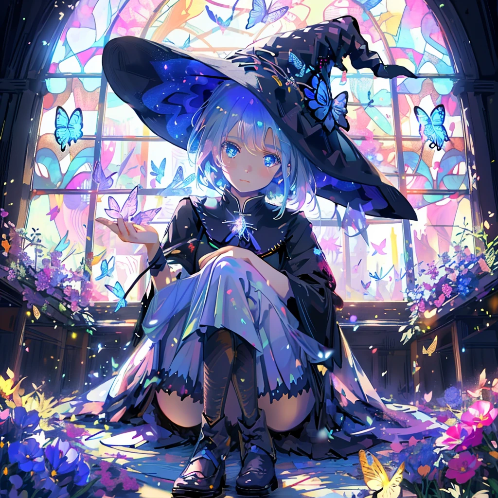 Female student，witch，witchの帽子，Blue colored eyes，butterfly，Flowers Bloom，Short skirt，magic，Particle FX，Light from the rear window causes backlighting，sat on the ground，Colored Glass，Complementary Color，Complex background，highest quality，8k，masterpiece，