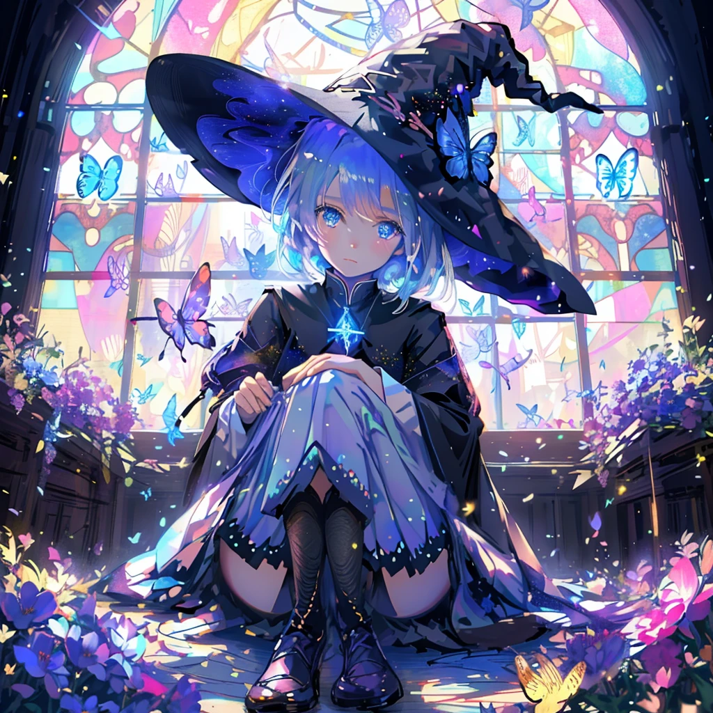 Female student，witch，witch hat，Blue colored eyes，butterfly，Flowers Bloom，Short skirt，magic，Particle FX，Light from the rear window causes backlighting，sat on the ground，Colored Glass，Complementary Color，Complex background，highest quality，8k，masterpiece，