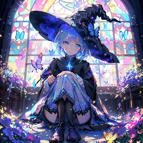 Female student，witch，witchの帽子，Blue colored eyes，butterfly，Flowers Bloom，Short skirt，magic，Particle FX，Light from the rear window...
