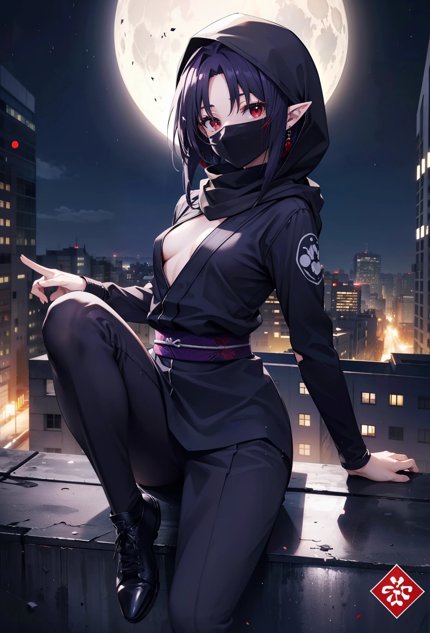 yuukikonno, Yuki Konno, hair band, Long Hair, Pointy Ears, Purple Hair, (Red eyes:1.5), (Small breasts:1.2),Hooded,cover your mouth with a black scarf,strict,black Ninja uniform,Ninja,black Ninja pants,short boots,Action pose,Overlooking the city from the roof of the building,moon,moon明かり,night,whole bodyがイラストに入るように,
break looking at viewer, whole body,
break outdoors ,Medieval European-style building,
break (masterpiece:1.2), highest quality, High resolution, unity 8k wallpaper, (shape:0.8), (Beautiful and beautiful eyes:1.6), Highly detailed face, Perfect lighting, Highly detailed CG, (Perfect hands, Perfect Anatomy),