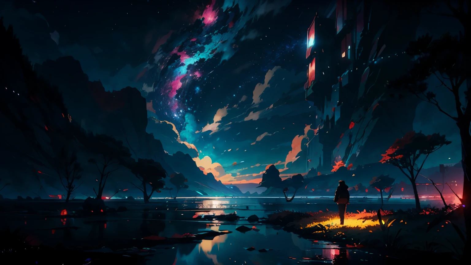 sky with many stars, a guy standing, water, reflection in water, lake , Makoto Shinkai Cirilo Rolando, Anime Art Wallpaper 4K, Anime Art Wallpaper 4K, Anime Art Wallpaper 8K, cosmic skies. por makoto shinkai, inspirado em Cyril Rolando, No estilo Dan Mumford obra de arte, paper awesome wallpaper, por Yuumei