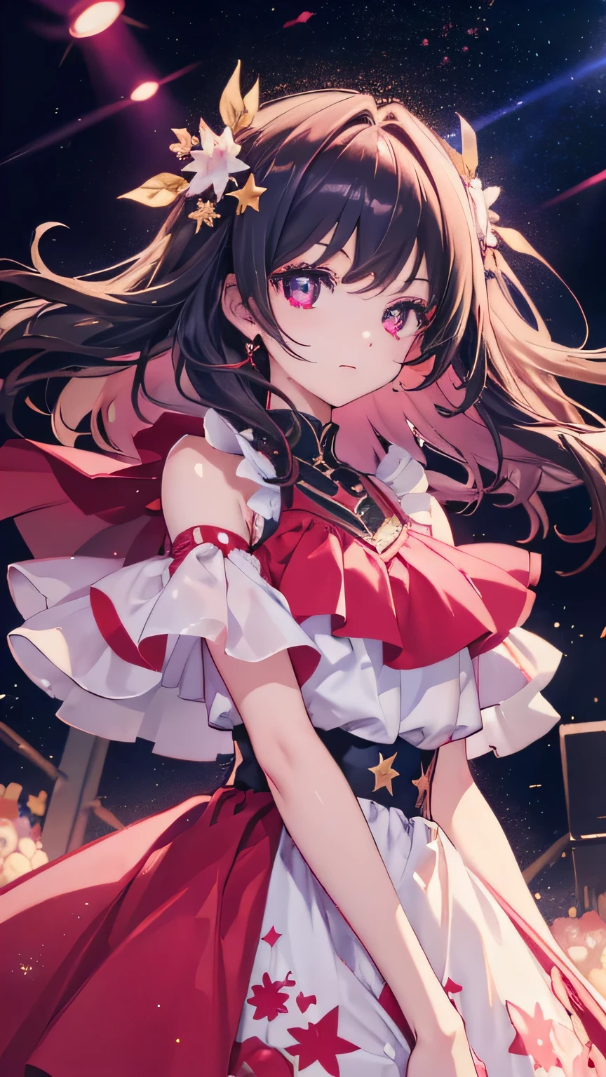 One girl, alone, highest quality, masterpiece , Hoshino Ruby, hair ornaments, Shining Eyes, Stars in my eyes, (Star in the right eye:1), (dress:1.4), (Concert 1), On Stage,