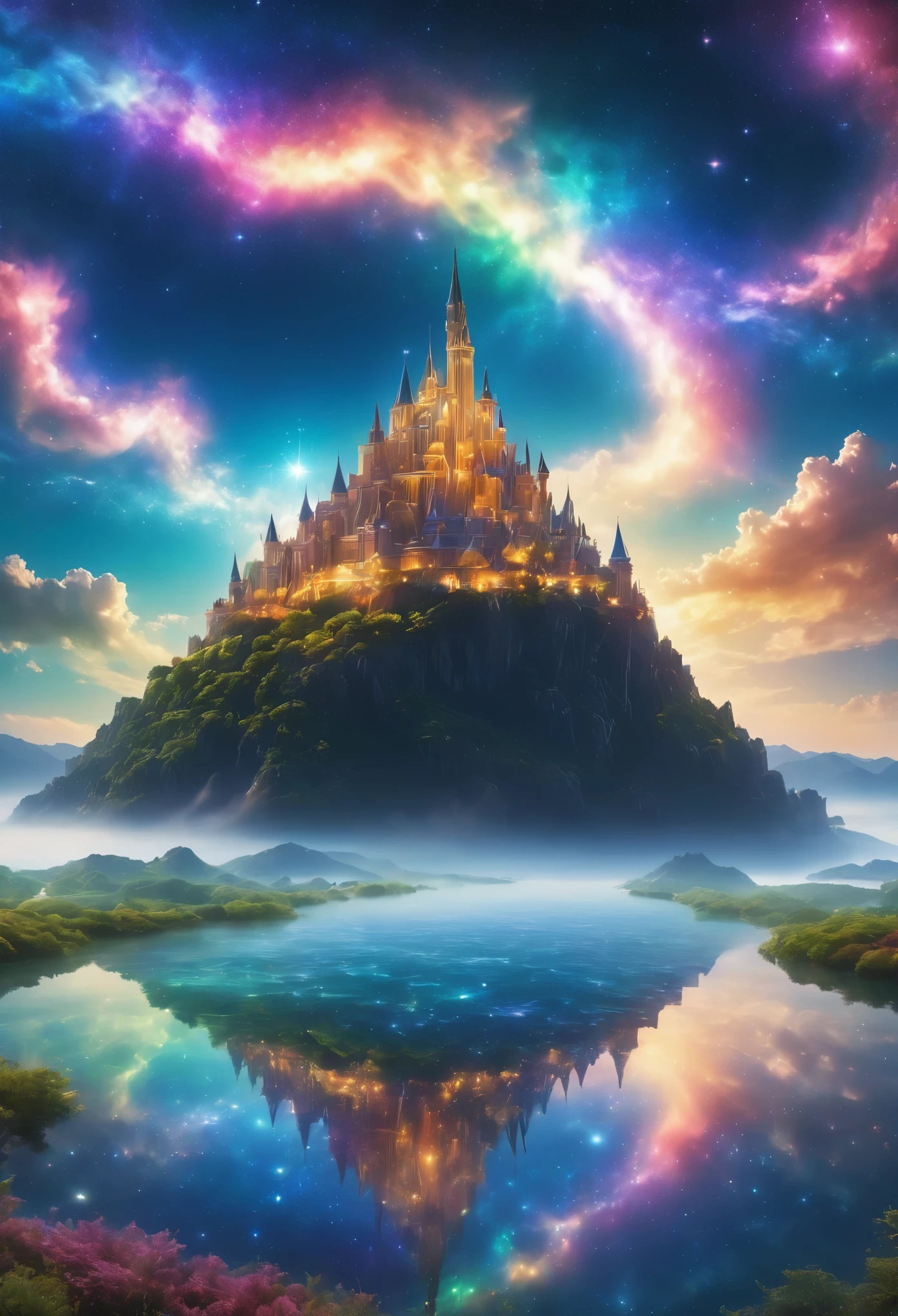 (8k, highest quality, masterpiece, final fantasy style: 1.2), (unRealistic, photoRealistic: 1.37), Dreamy landscape, Fantasy, Unsurreal landscapes, Super detailed, Flying medieval castle, Floating Island in the Sky, Seven-colored swirl of light, (Mr. Shooting Star.A small, shiny, long-tailed bird soaring through the sky:1.3), Aurora, Intense lightning, milky way, Complex Light, Mr.々Colored light, Large Lake, Starry sky reflected on the lake surface, Countless shining stars, meteors, Many meteors, Aura of, (A pillar of light emanated from the ground:1,2), Complex SentencesMr.Magic Circle
